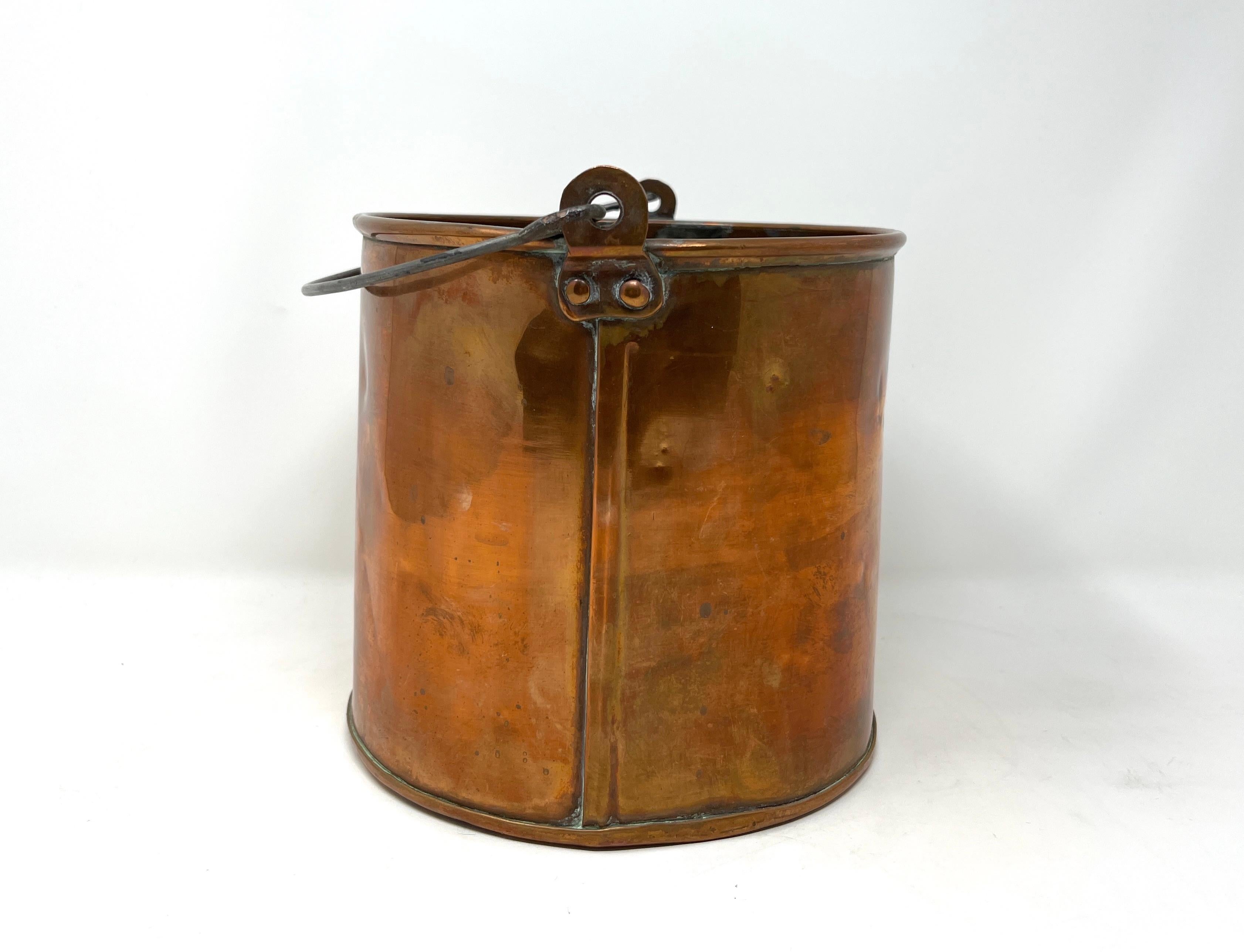 Arts and Crafts Antique Copper Bucket with Bale Handle, Fireplace Accessory, Rustic Planter For Sale