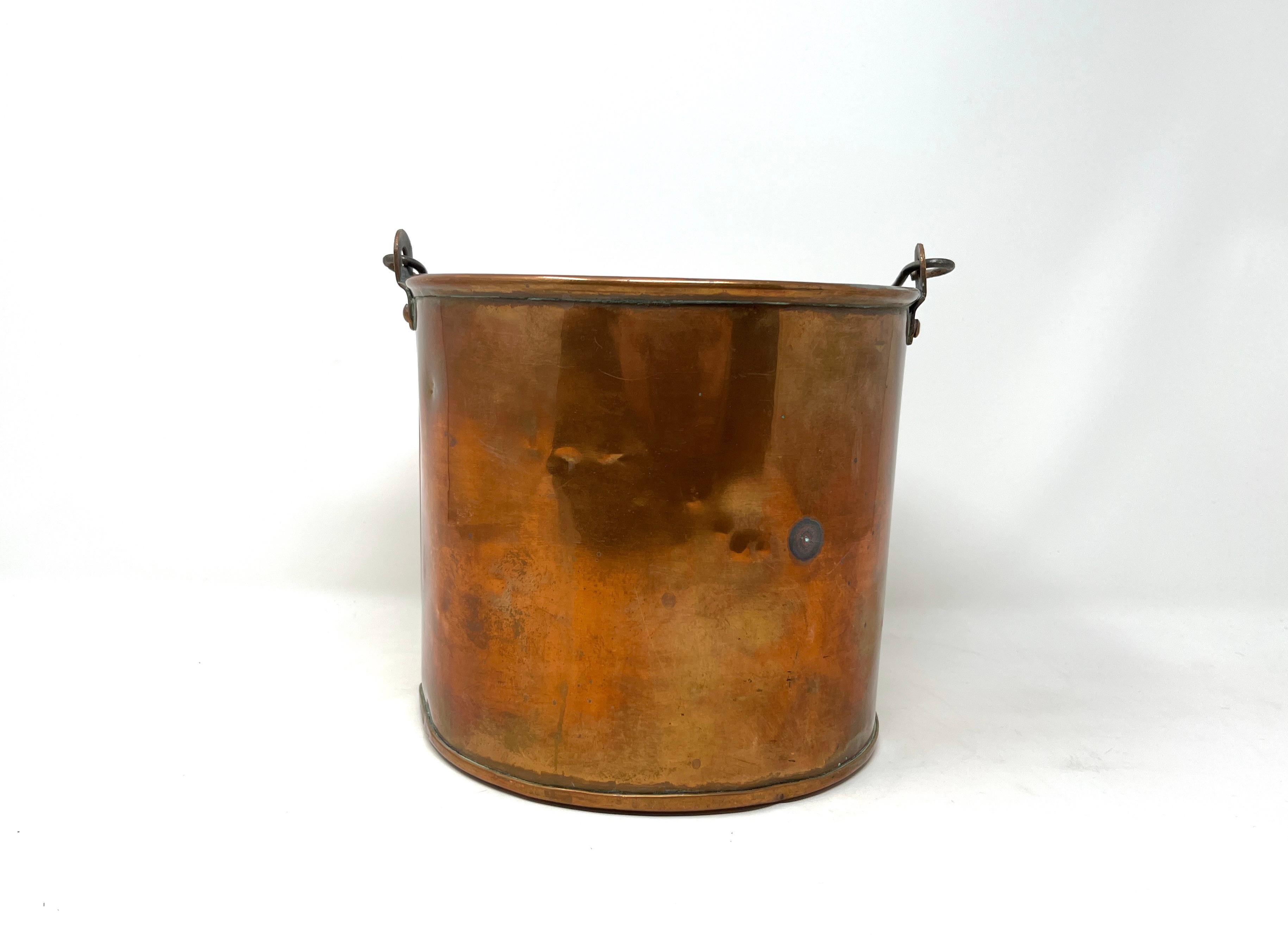 Unknown Antique Copper Bucket with Bale Handle, Fireplace Accessory, Rustic Planter For Sale