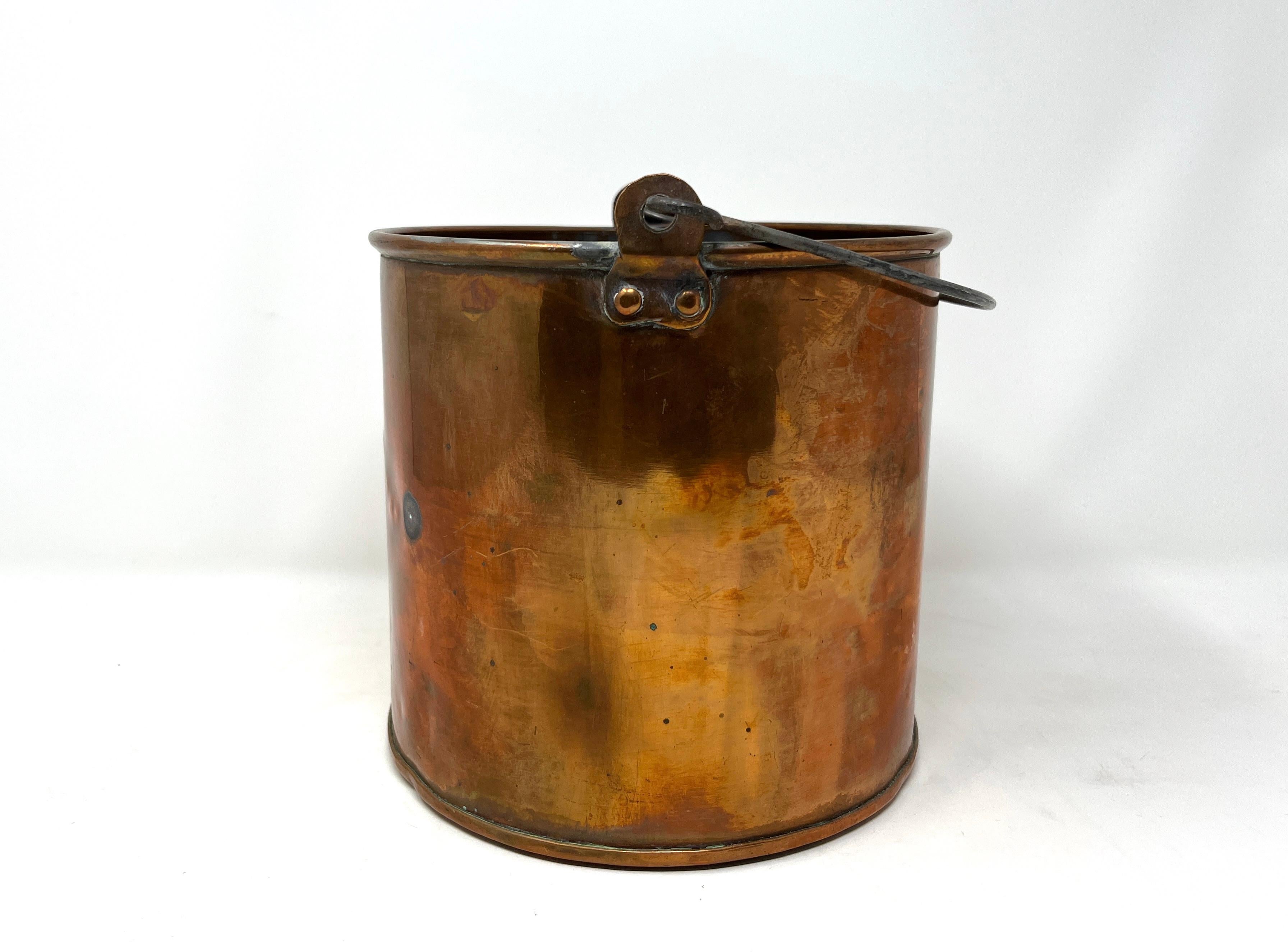 Hand-Crafted Antique Copper Bucket with Bale Handle, Fireplace Accessory, Rustic Planter For Sale