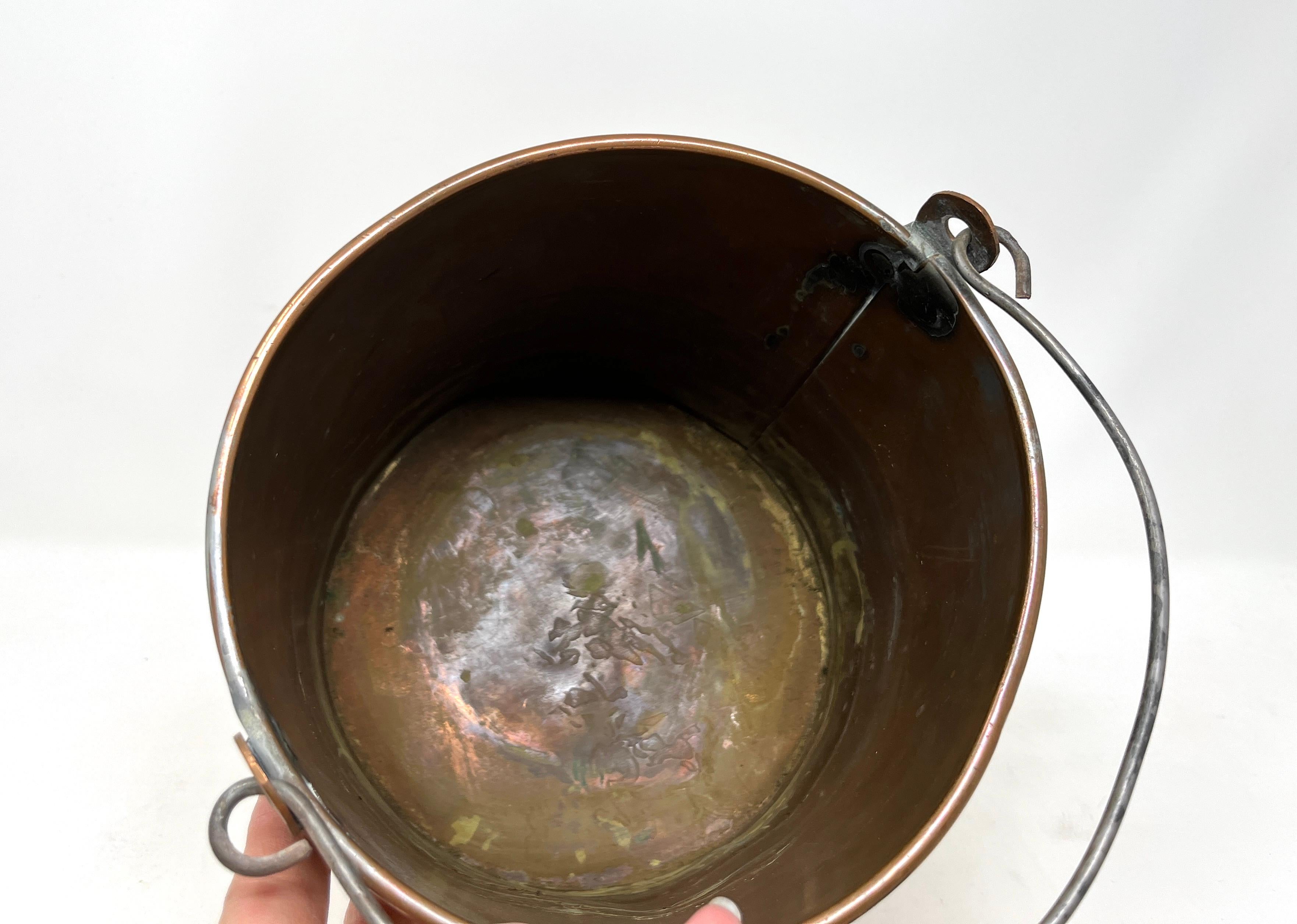 19th Century Antique Copper Bucket with Bale Handle, Fireplace Accessory, Rustic Planter For Sale