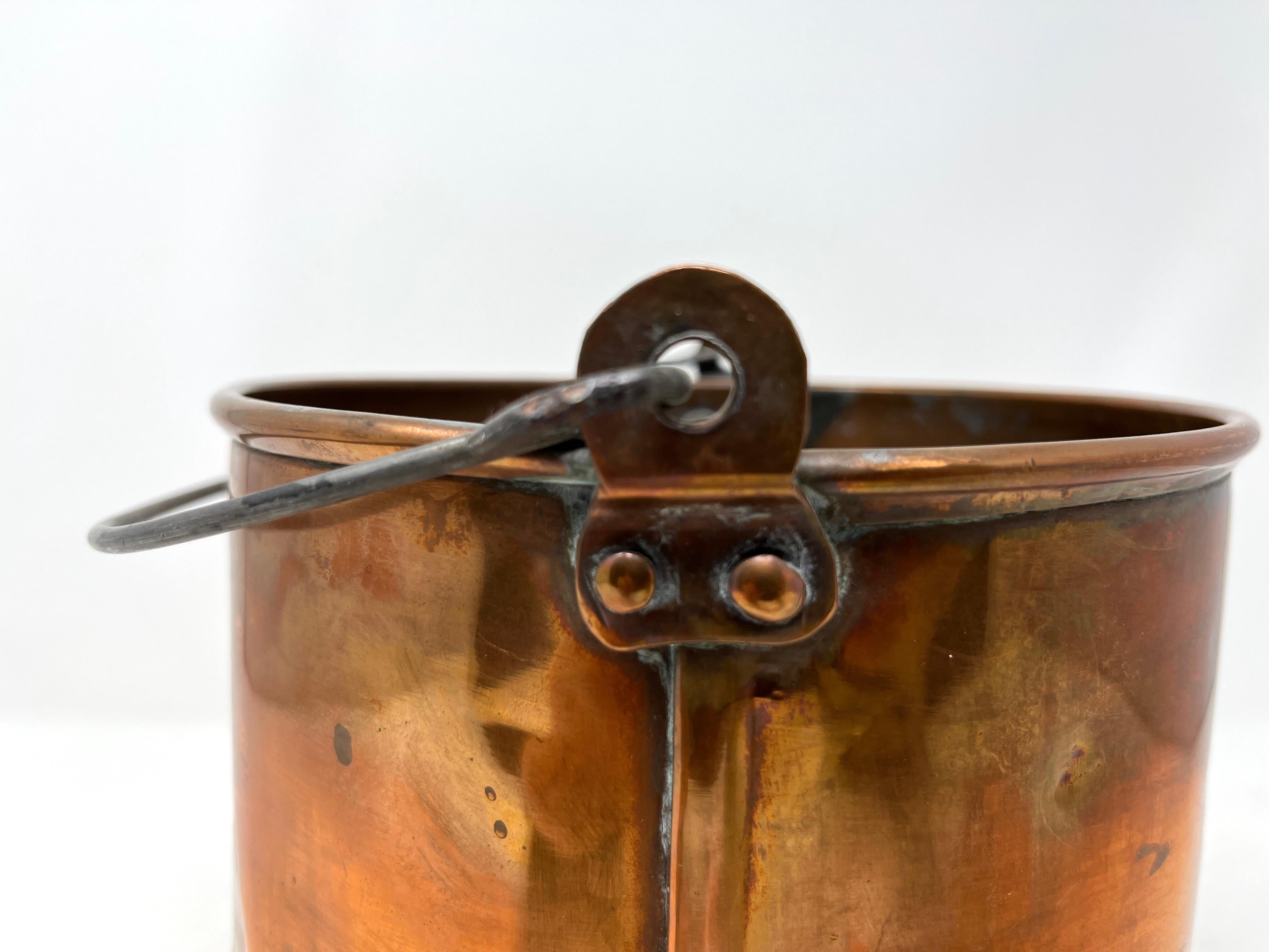 Antique Copper Bucket with Bale Handle, Fireplace Accessory, Rustic Planter For Sale 2