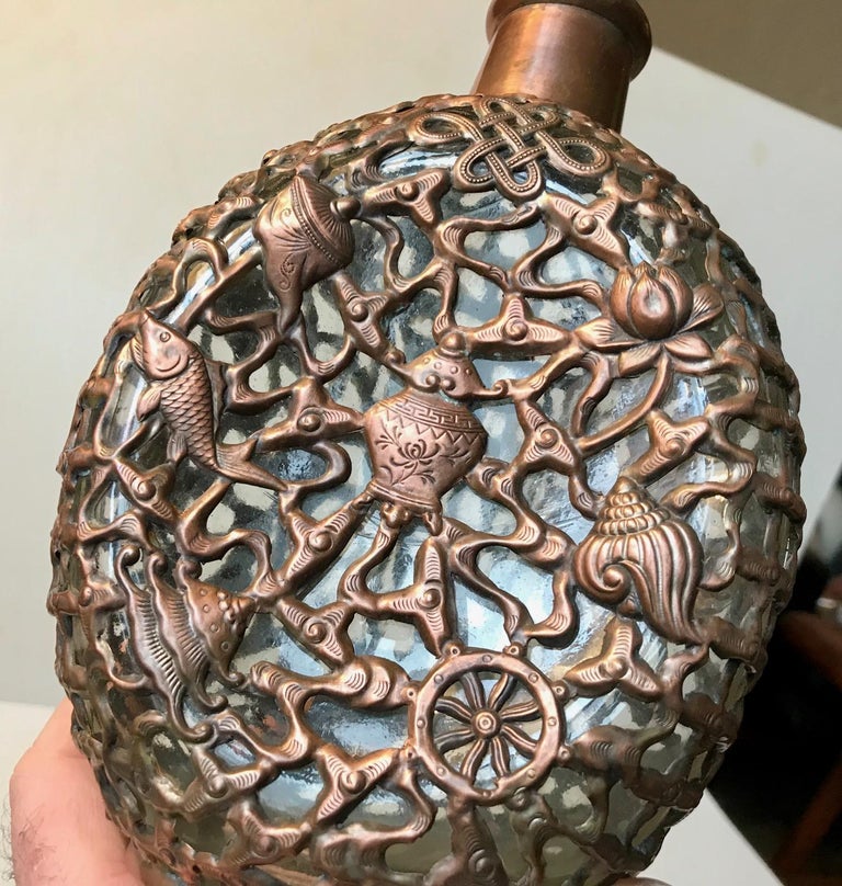 Late Victorian Antique Copper Caged Decanter with Celtic Symbolism For Sale
