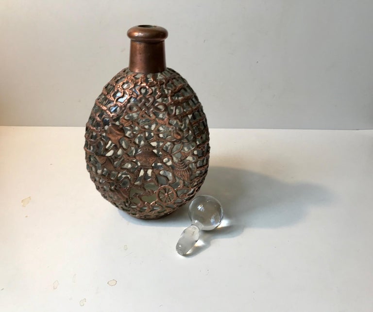 Early 20th Century Antique Copper Caged Decanter with Celtic Symbolism For Sale