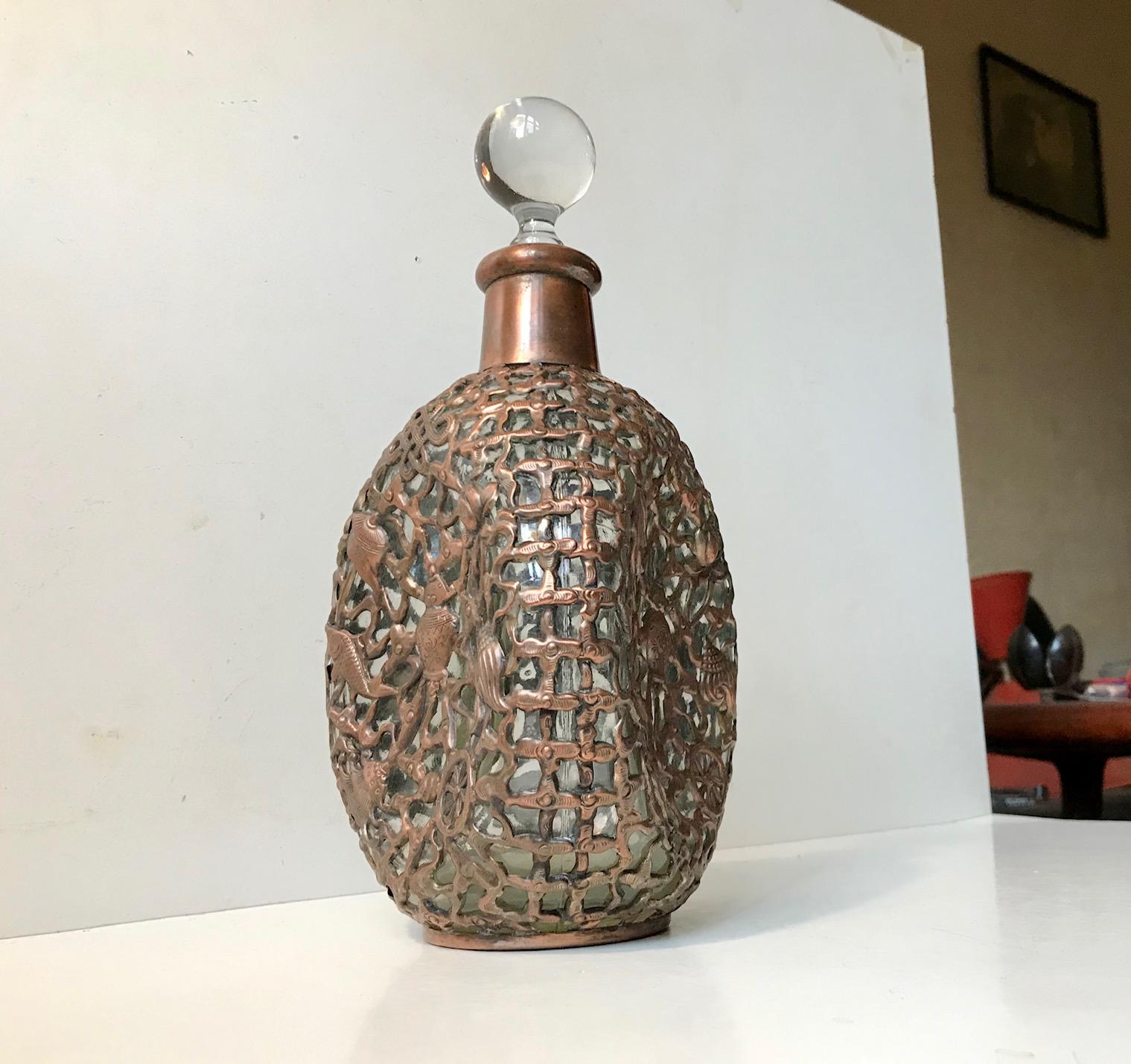 Antique Copper Caged Decanter with Celtic Symbolism In Good Condition In Esbjerg, DK