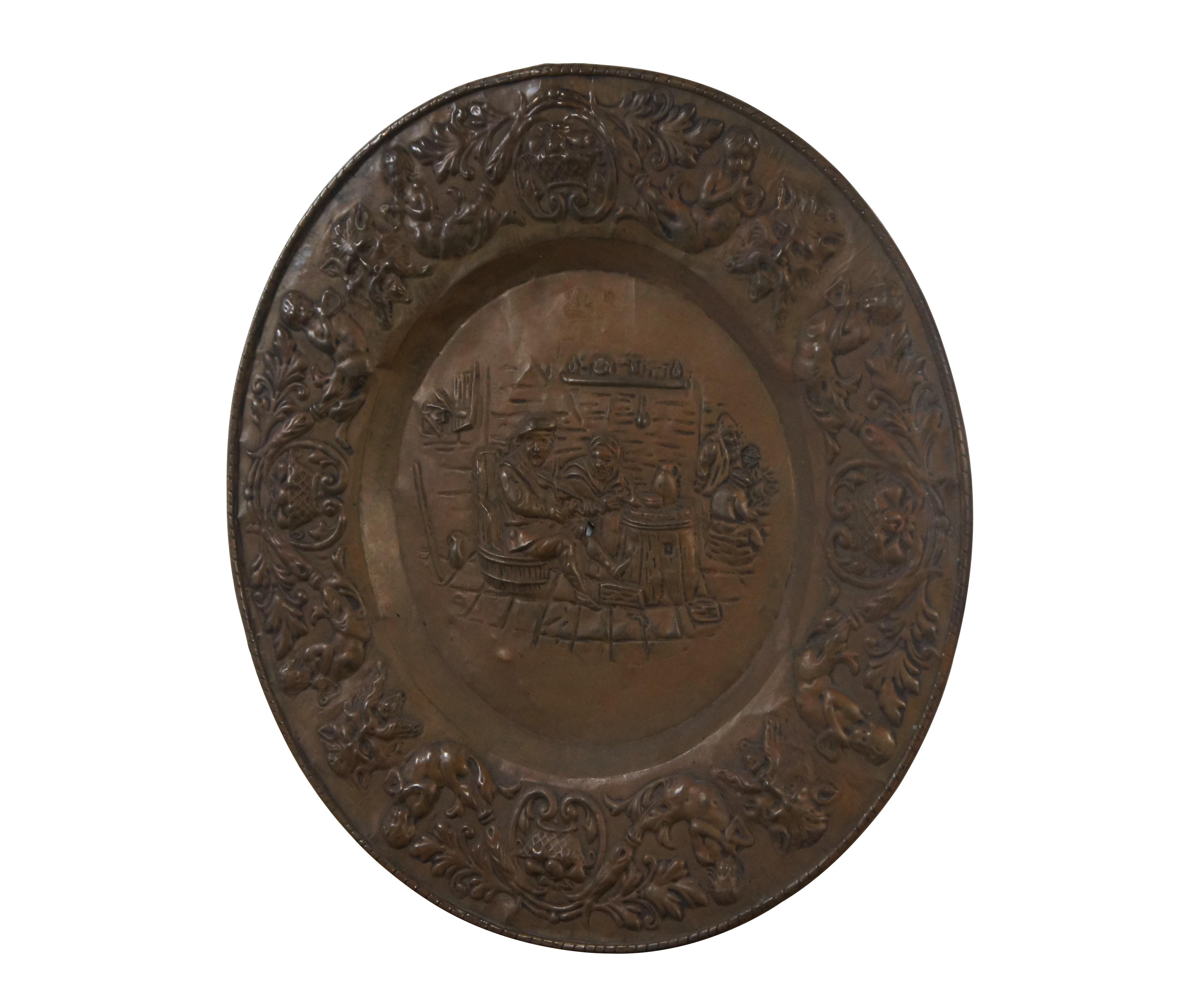 Dutch Colonial Antique Copper Embossed Tavern Scene Repousse Wall Plaque Charger Platter 24