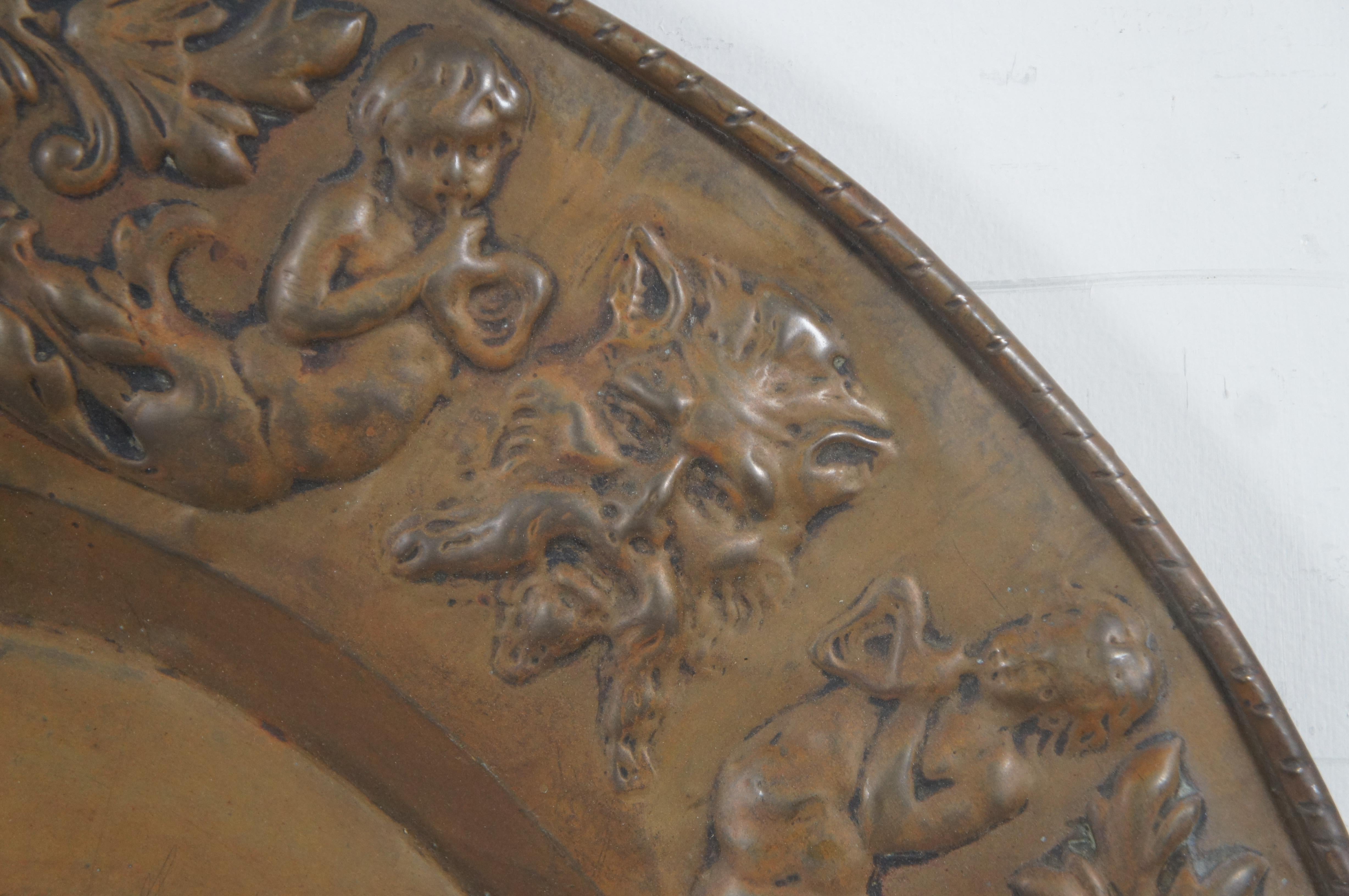 Antique Copper Embossed Tavern Scene Repousse Wall Plaque Charger Platter 24