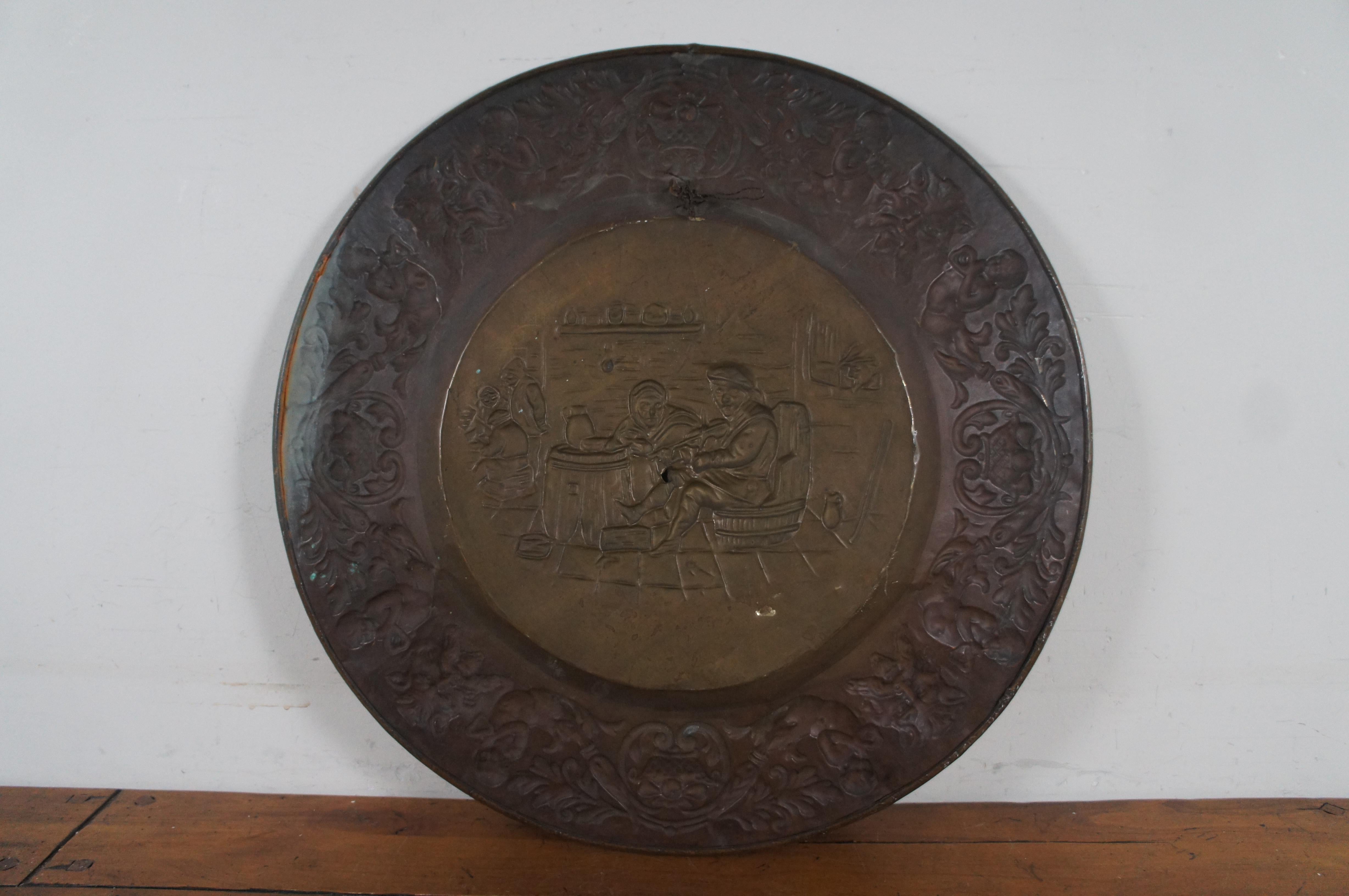 Antique Copper Embossed Tavern Scene Repousse Wall Plaque Charger Platter 24