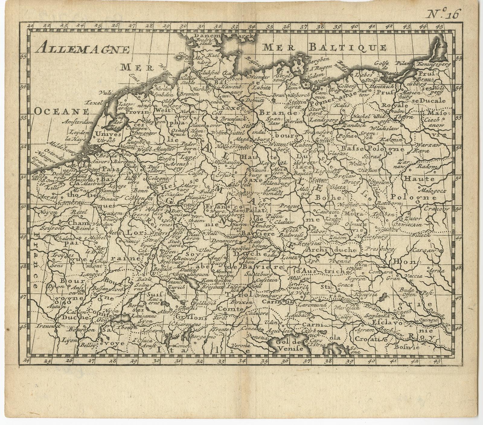 Antique map Germany titled 'Allemagne'. 

Rare miniature map of Germany and surroundings. Also depicting the Baltic Sea and the Gulf of Venice. Source unknown, to be determined. 



Artist: Anonymous.

Condition: Good, general age-related