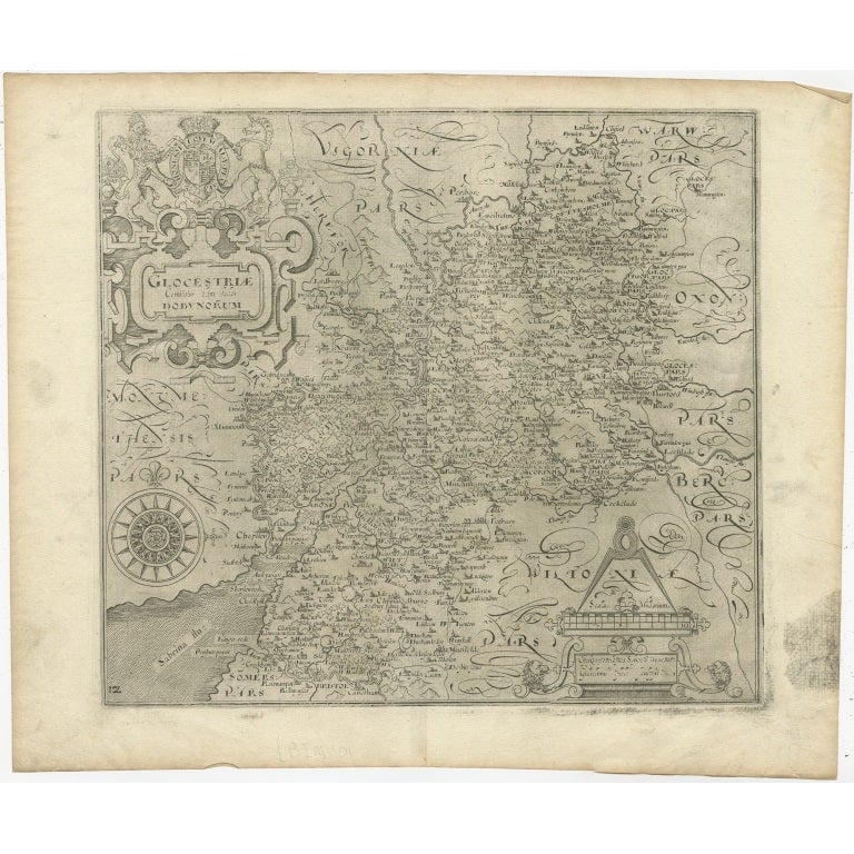 Antique map titled 'Glocestriae comitatus olim sedes Dobunorum'. Map of Gloucestershire, England. This map originates from Camden?s 'Britannia' published in 1637. Artists and Engravers: The county maps in Britannia were based on the work of