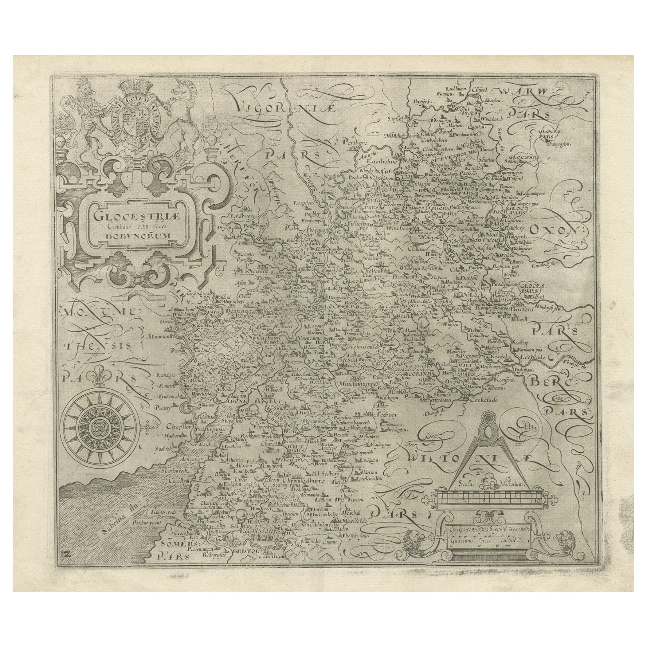 Antica mappa incisa in rame del Gloucestershire in Inghilterra, 1637