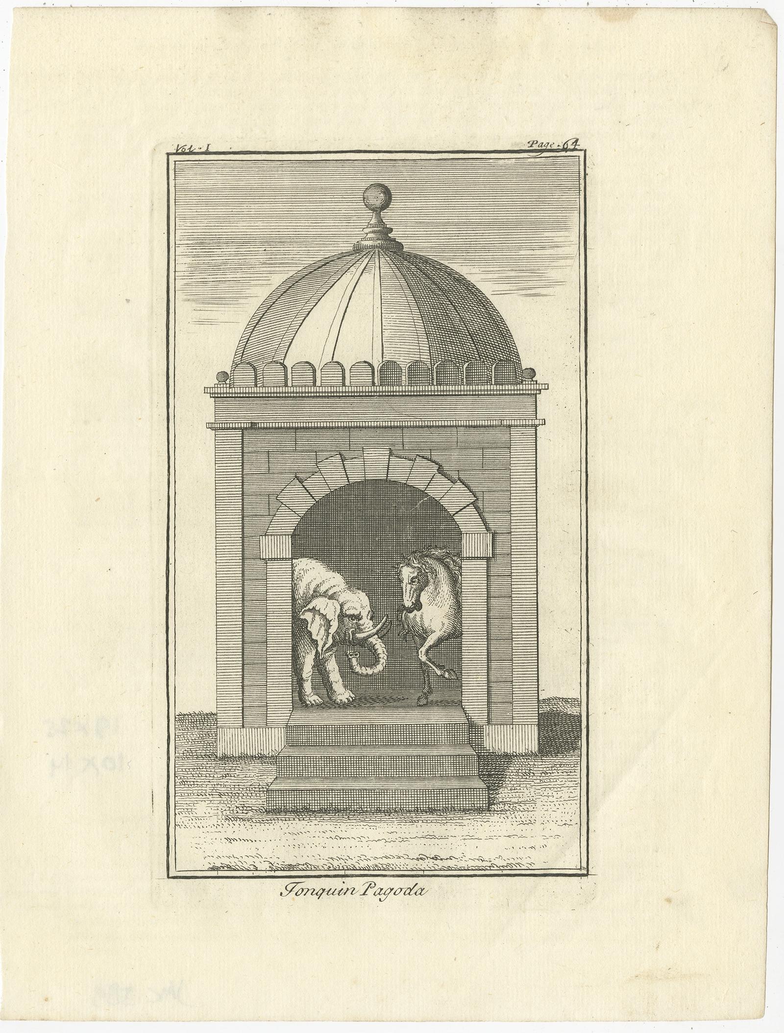 Description: Antique print titled 'Tonquin Pagoda'. 

View of a pagoda in Tonkin, Vietnam. 

This print originates from 'Modern History: Or, the Present State of All Nations (..)' by T. Salmon.

Artists and Engravers: Thomas Salmon (1679–1767)