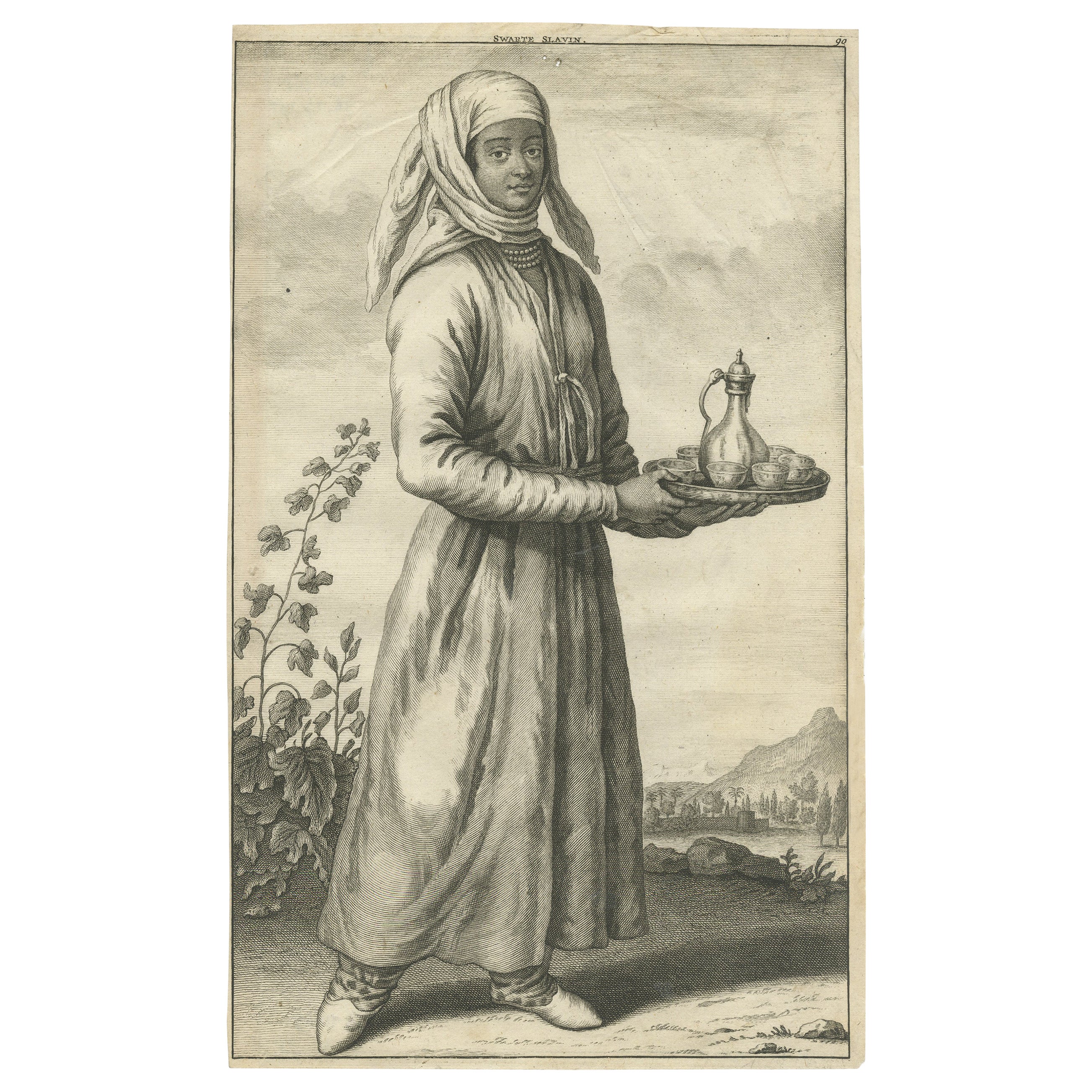 Antiker Kupferstich einer versklammerten Frau im Iran, 1714