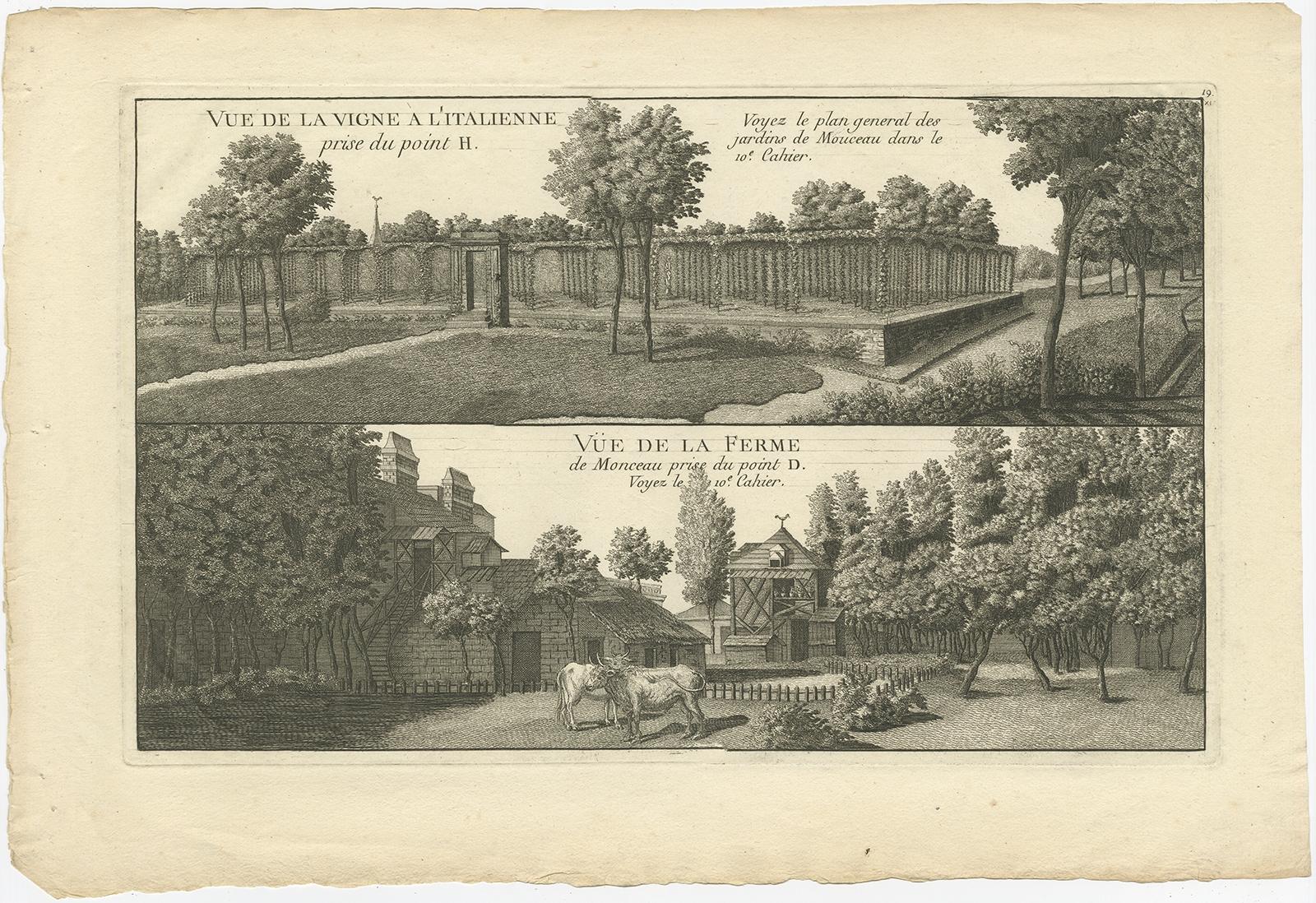 Antique print titled 'Vue de la Vigne a l'Italienne (..)'. 

Copper engraving of an Italian vineyard and a farm. This print originates from 'Jardins Anglo-Chinois à la Mode' by Georg Louis le Rouge. 

Artists and Engravers: The work of Le Rouge is