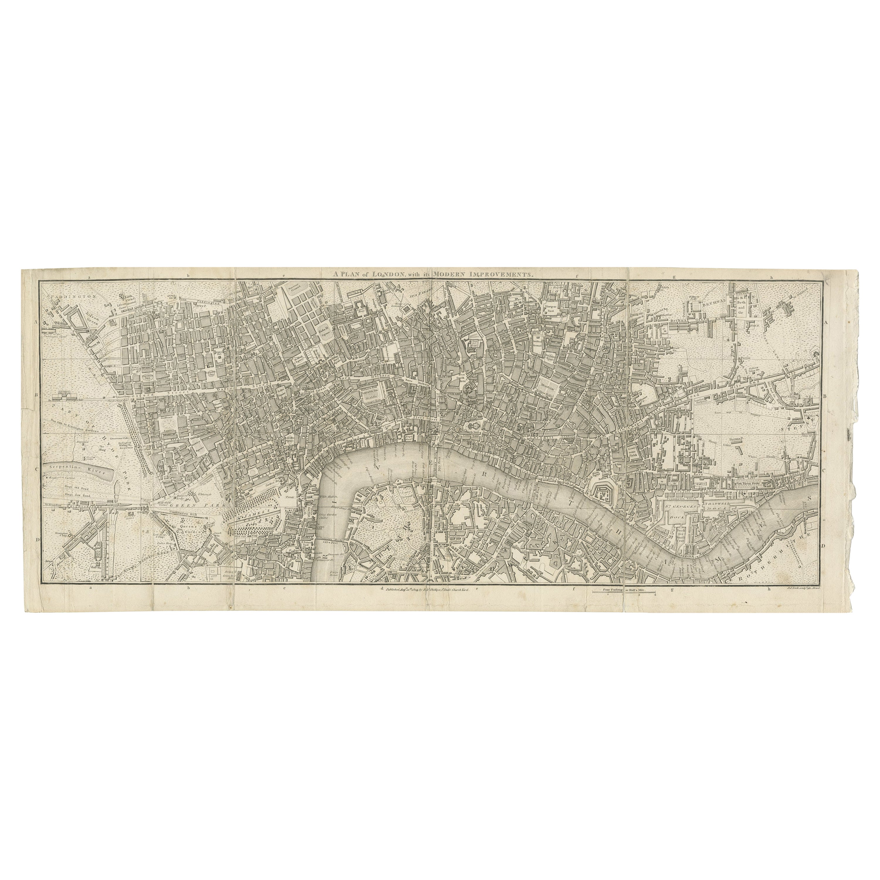 Gravure ancienne sur cuivre d'un plan dépliant de Londres, publiée en 1804