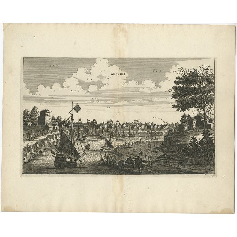 Antique print China titled 'Kuching'. 

Old print depicting a view on the Chinese city of Kuching or Kuchin (Gui Jiang, Kuei Chiang), near the river Gui (Guei). This area is close to Tianjin and Beijing. This print originates from the Latin