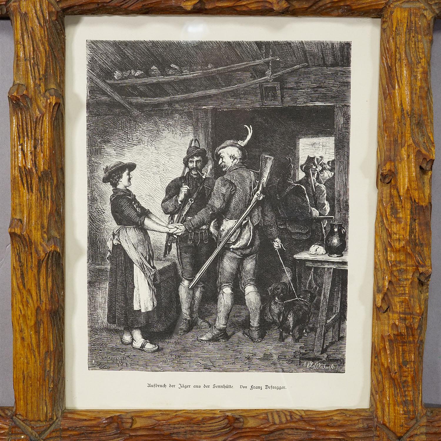 Impression ancienne en cuivre avec scène bavaroise, vers 1900

Une belle gravure sur cuivre représentant un paysage bavarois folklorique dans une cabane de montagne. Deux chasseurs disent au revoir à la femme d'un jeune agriculteur. Le modèle de