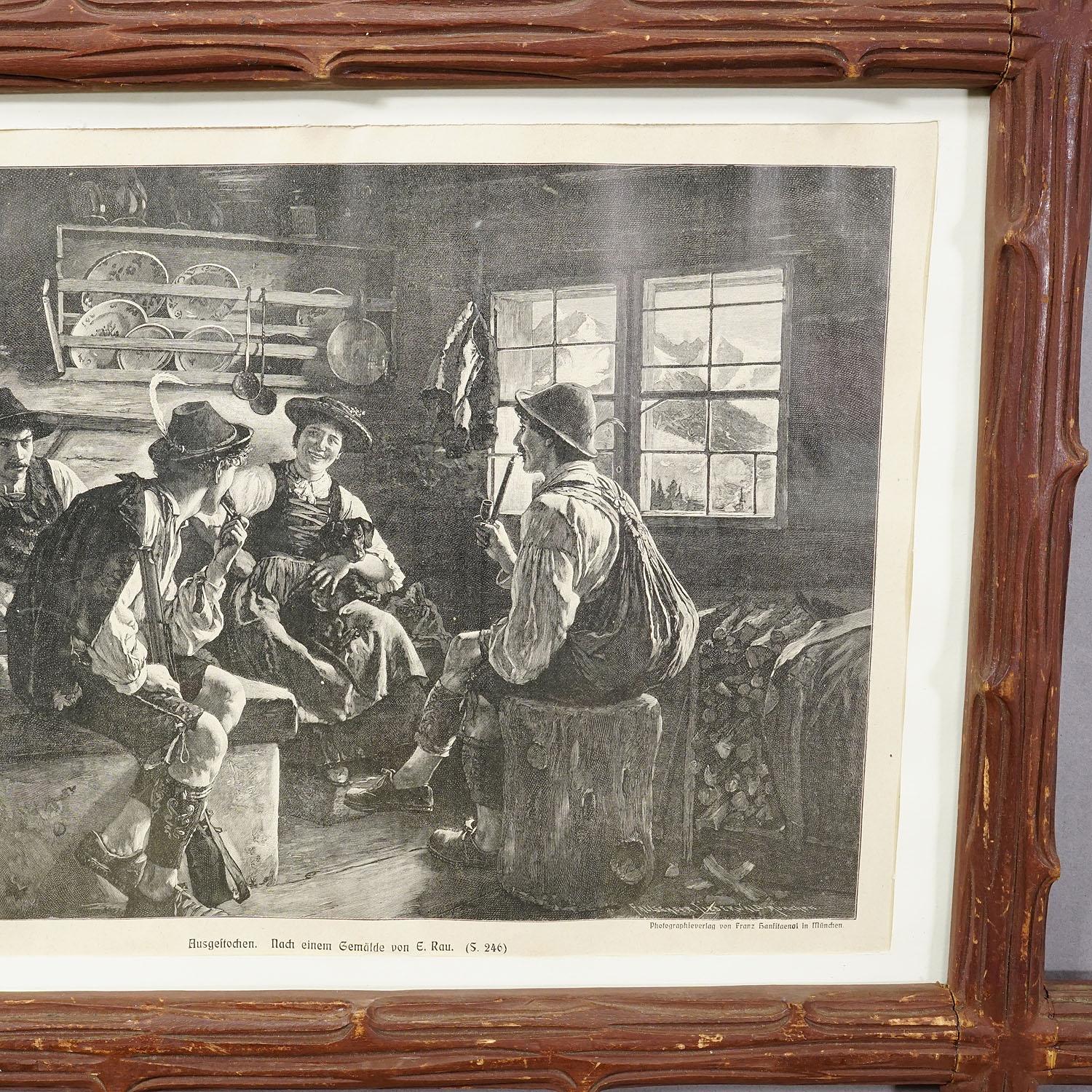 Impression ancienne en cuivre avec scène bavaroise populaire, vers 1900

Une belle gravure sur cuivre représentant un paysage bavarois folklorique dans une cabane de montagne. Deux chasseurs impressionnent la femme d'un jeune agriculteur sous le