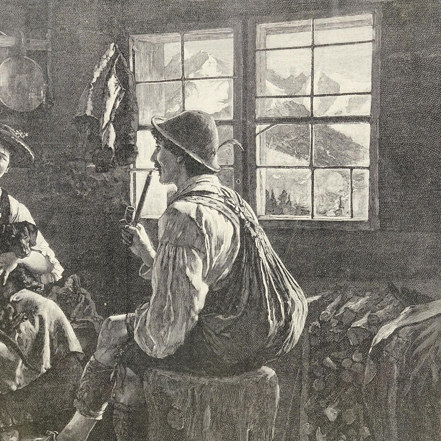Allemand Impression ancienne en cuivre avec scène bavaroise populaire, vers 1900 en vente