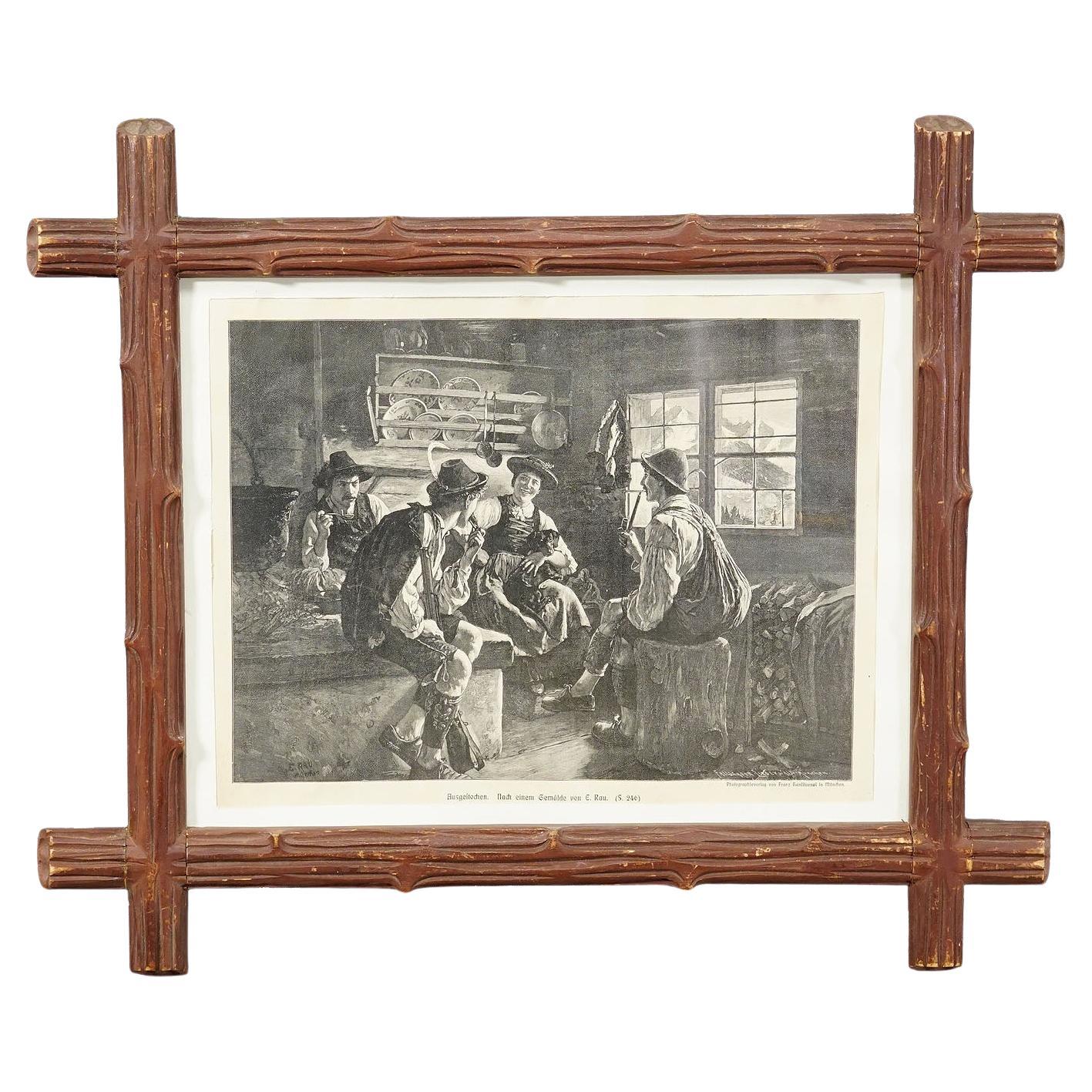 Grabado antiguo en cobre con escena popular bávara ca. 1900
