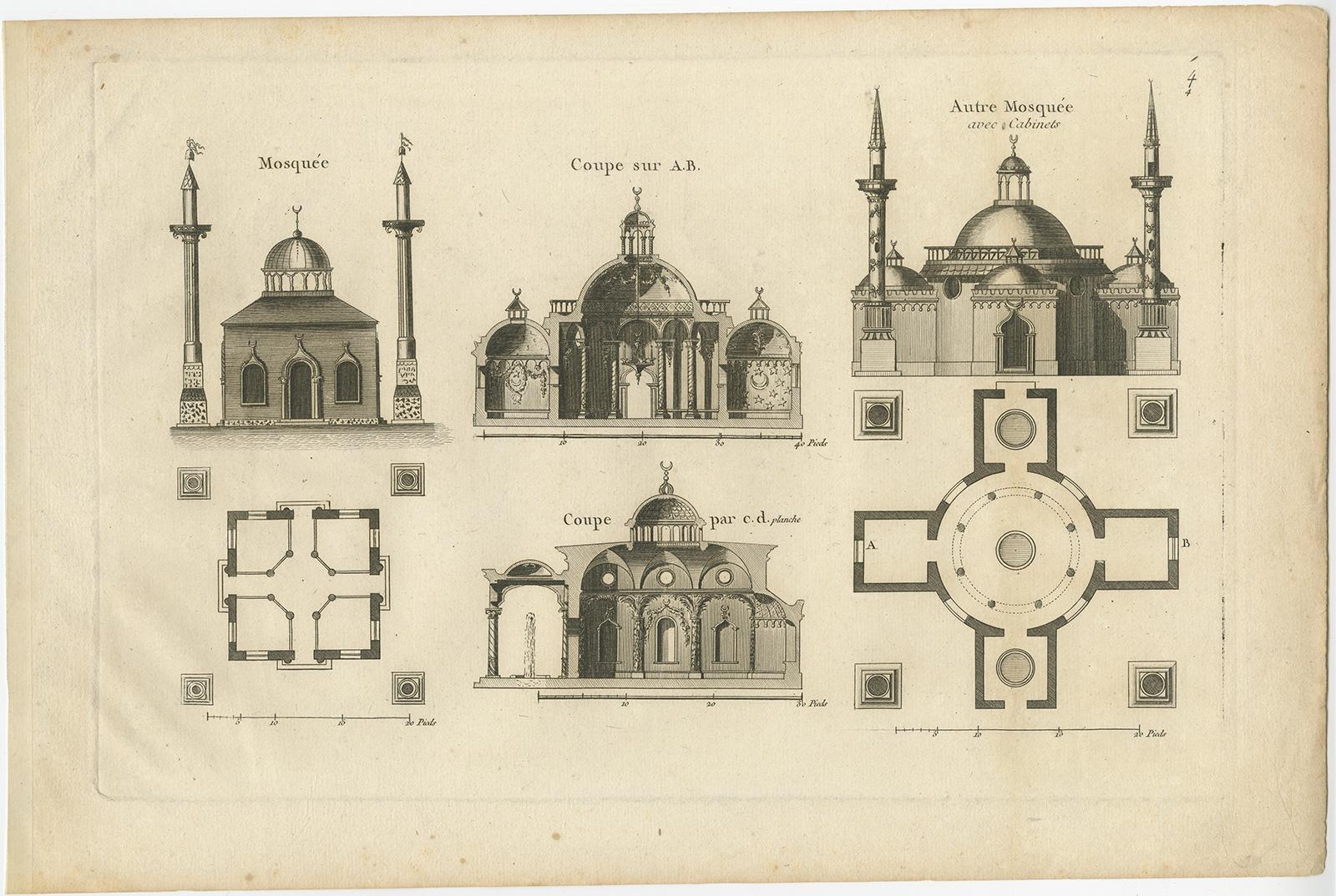Antique print titled 'Mosquée - Autre Mosquée'. 

Copper engraving showing two mosques. This print originates from 'Jardins Anglo-Chinois à la Mode' by Georg Louis le Rouge. 

Artists and Engravers: The work of Le Rouge is considered the most