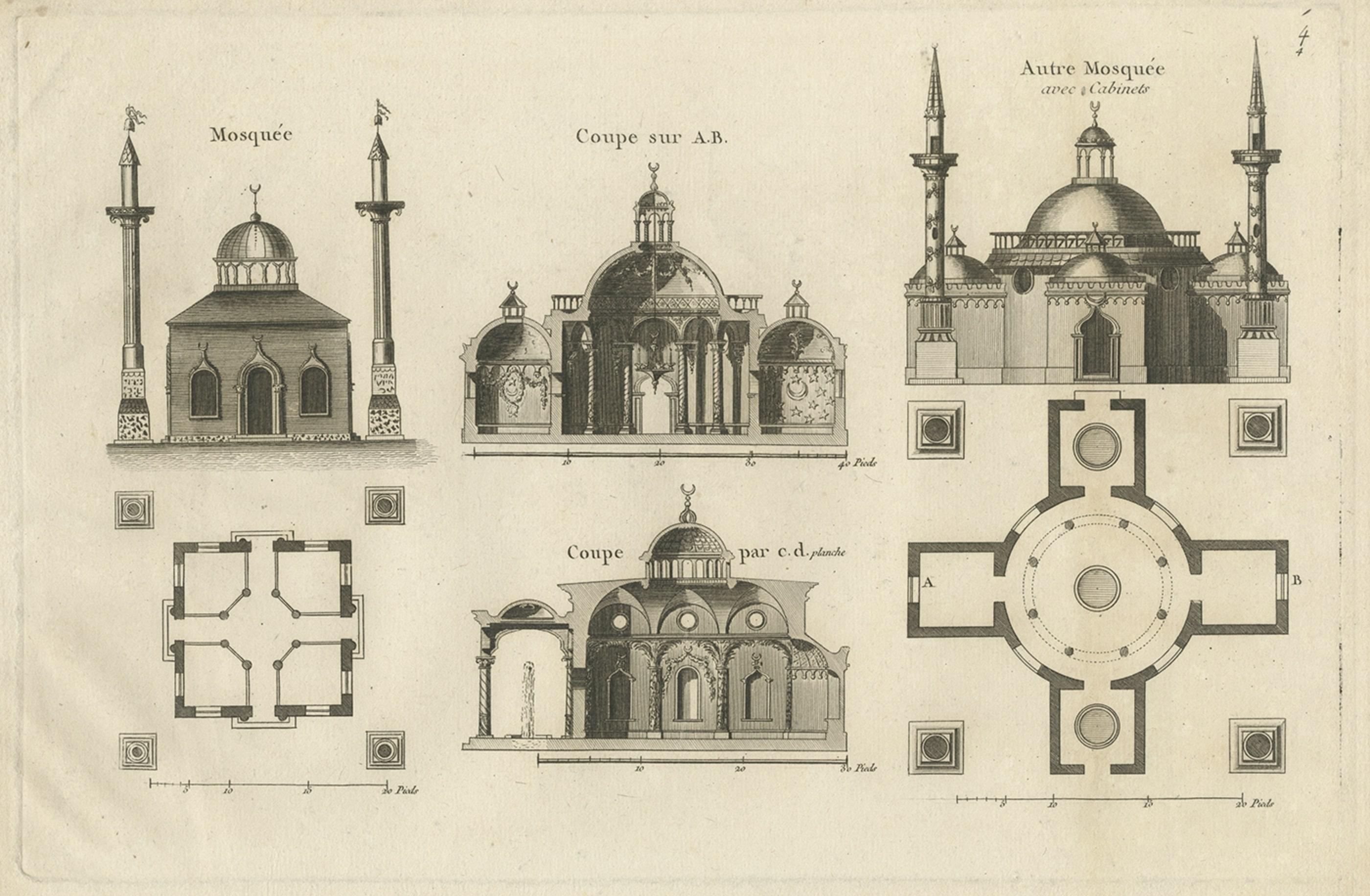 Antique Copper Engraving Showing Two Mosques, ca.1785 In Good Condition For Sale In Langweer, NL