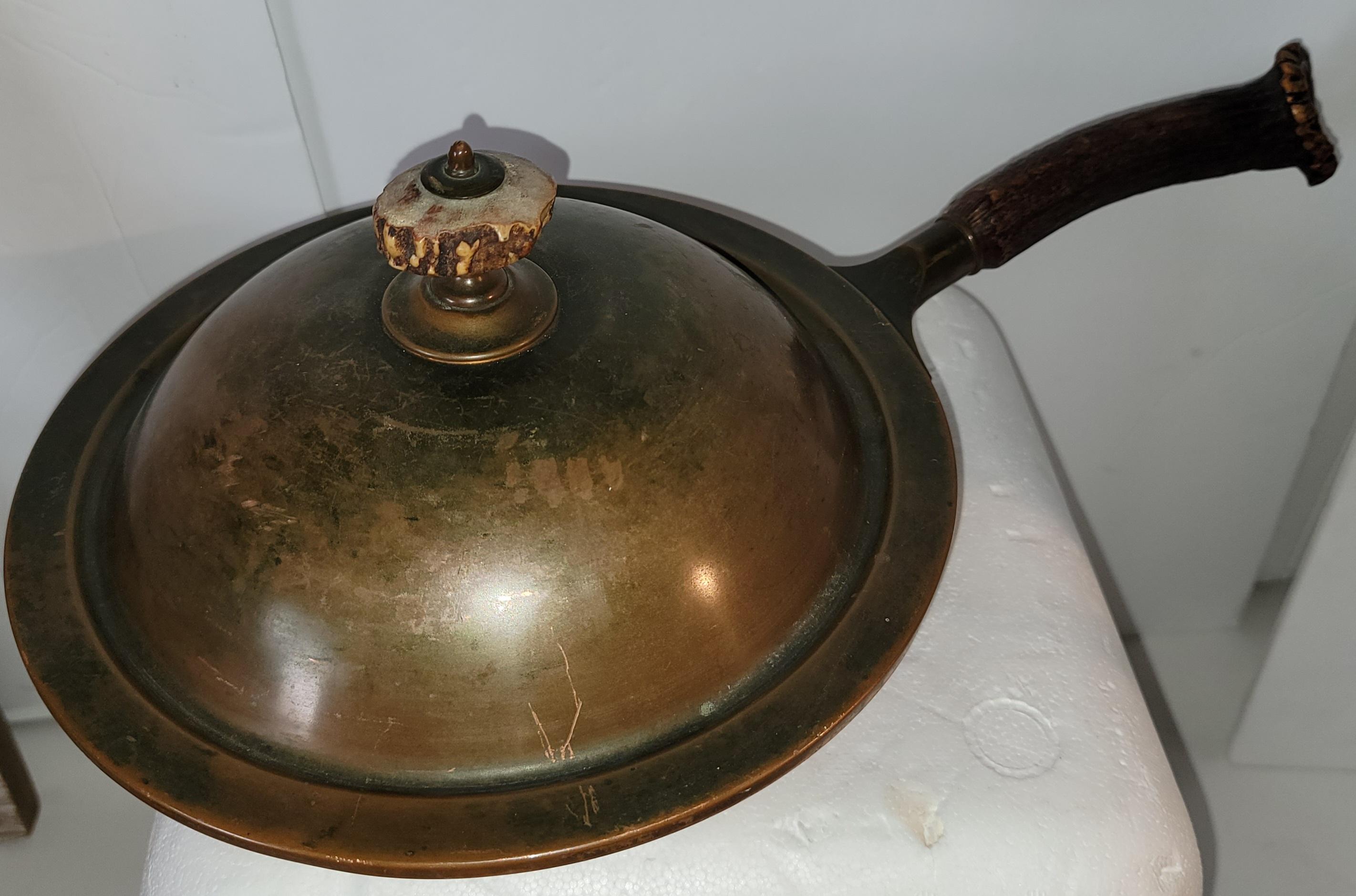 Adirondack Antique Copper Frying Pan with Deer Antler Handles For Sale