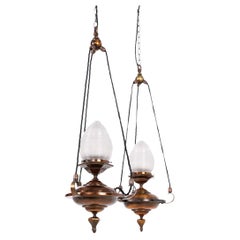 Antique Copper GEC / Holophane Prismatic Glass Sanctuary Pendant Lights. C.1920