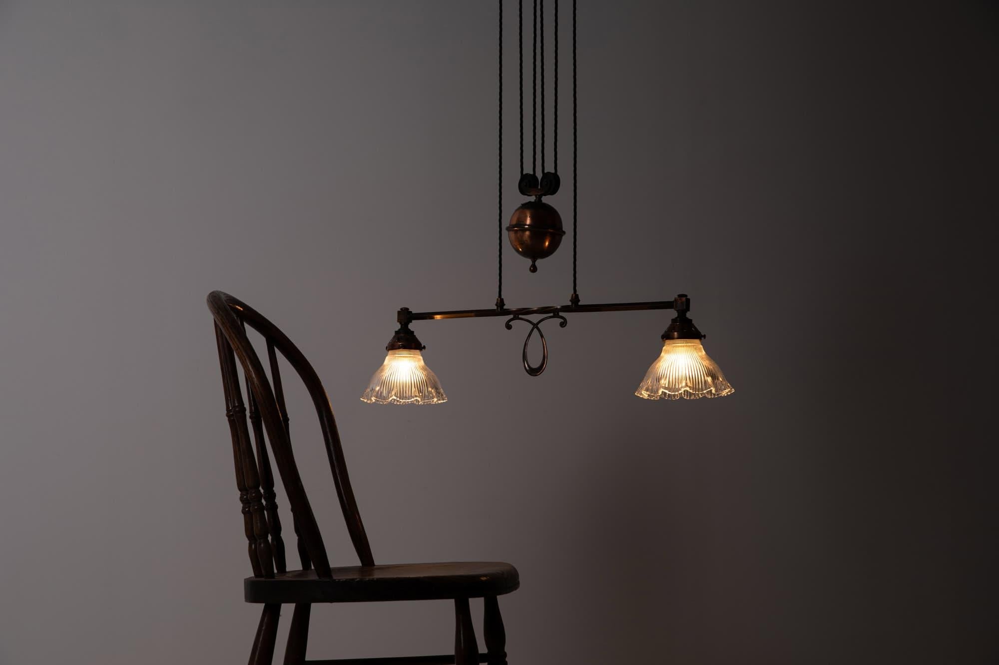 English Antique Copper GEC Rise and Fall Prismatic Glass Ceiling Light Lamp, c.1930