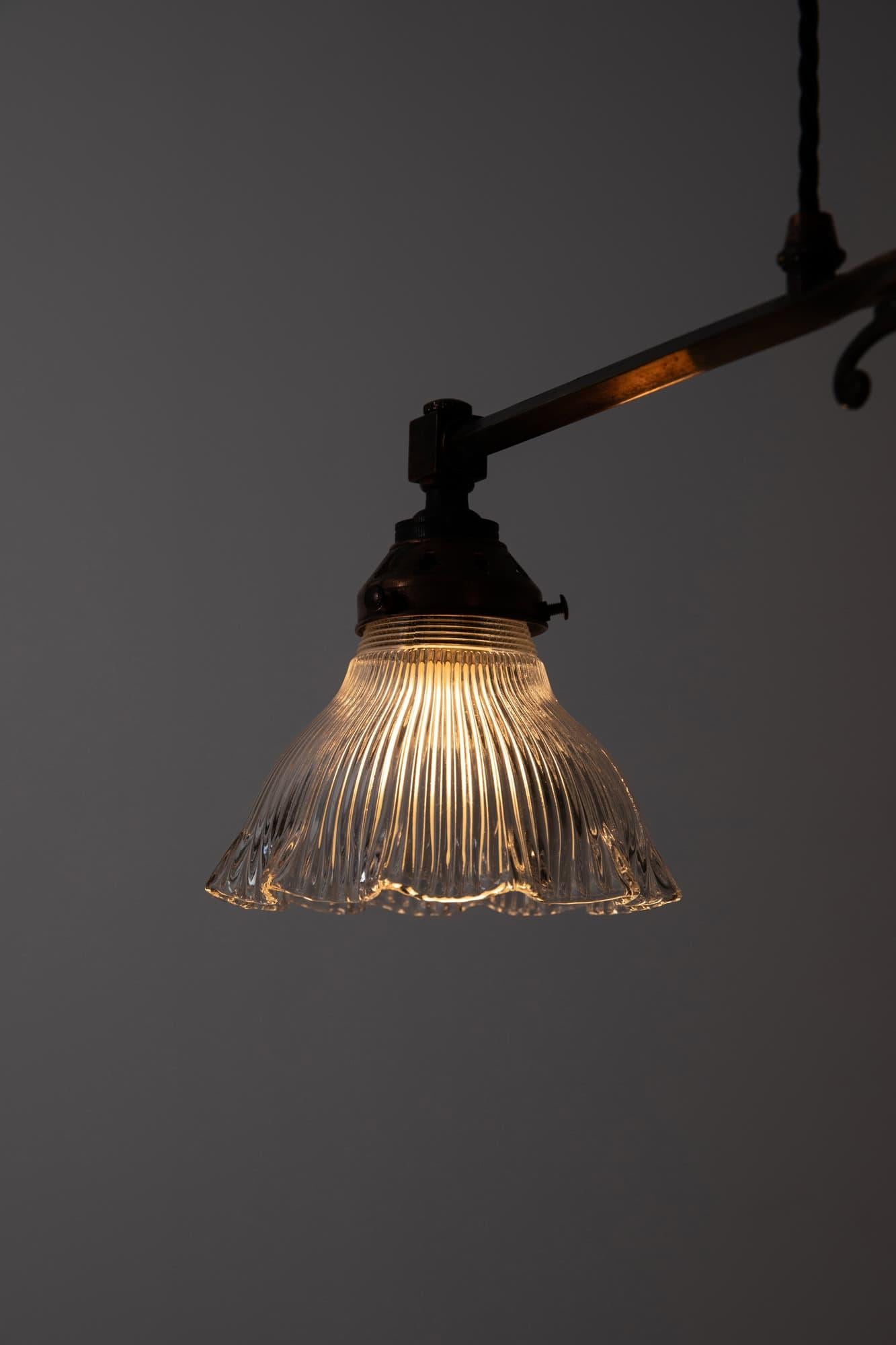 Pressed Antique Copper GEC Rise and Fall Prismatic Glass Ceiling Light Lamp, c.1930