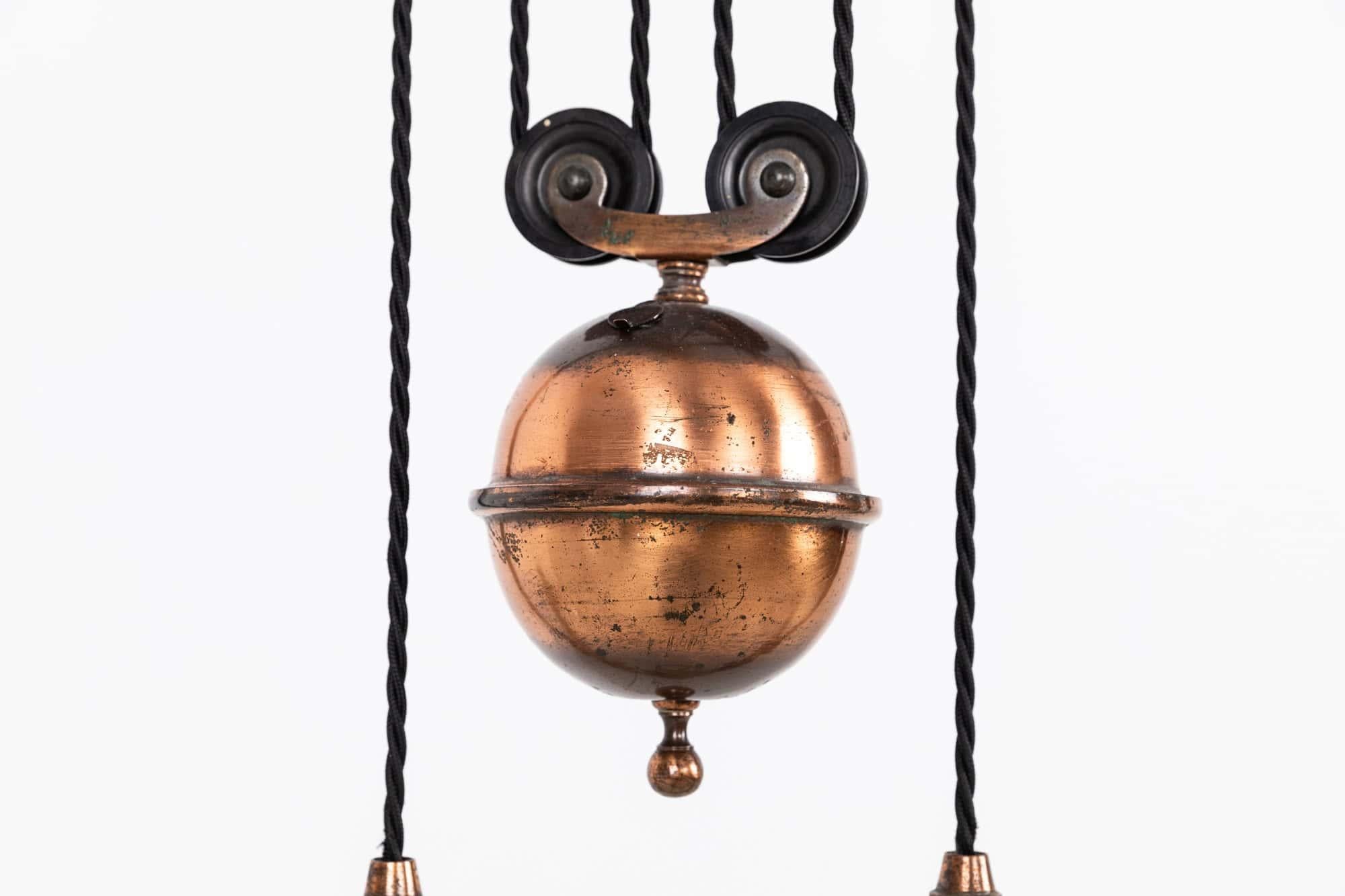 20th Century Antique Copper GEC Rise and Fall Prismatic Glass Ceiling Light Lamp, c.1930