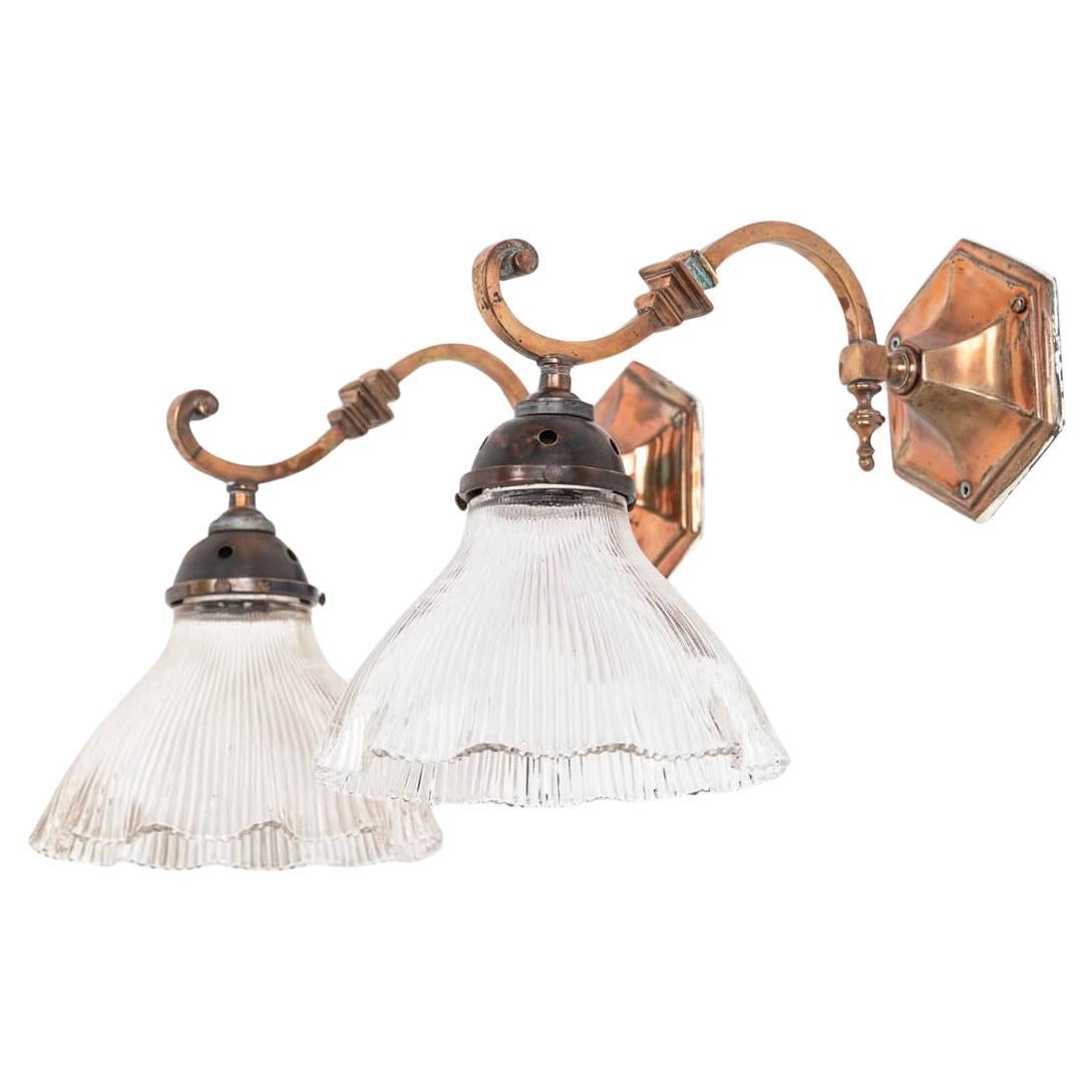 Antique Copper GEC Wall Lamp Sconce Light with Prismatic Glass Shades c.1920