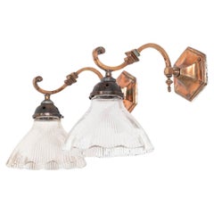 Antique Copper GEC Wall Lamp Sconce Light with Prismatic Glass Shades c.1920