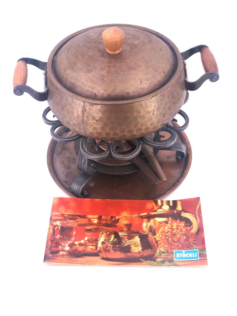 Antique Copper Hammered Fondue Casserole by Stockli Netstal Switzerland