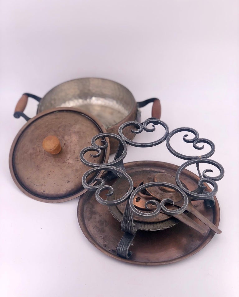 Antique Copper Hammered Fondue Casserole by Stockli Netstal Switzerland