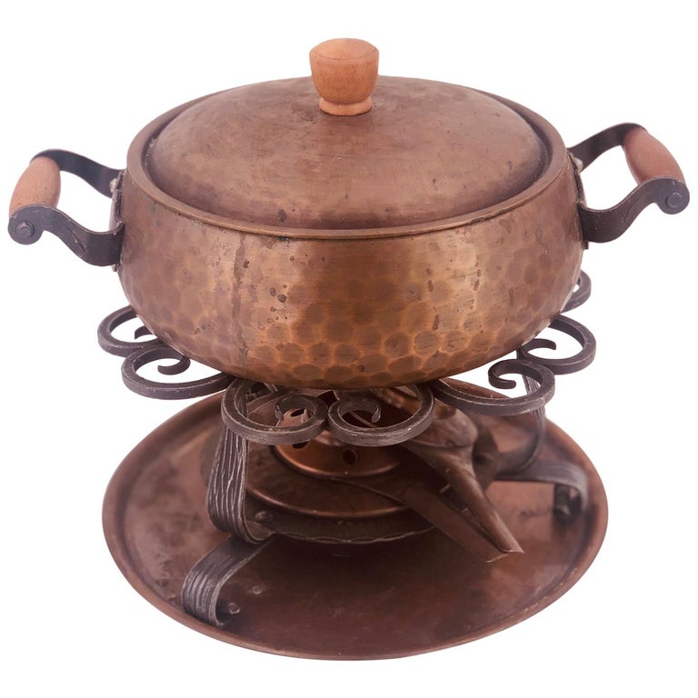 Antique Copper Hammered Fondue Casserole by Stockli Netstal Switzerland