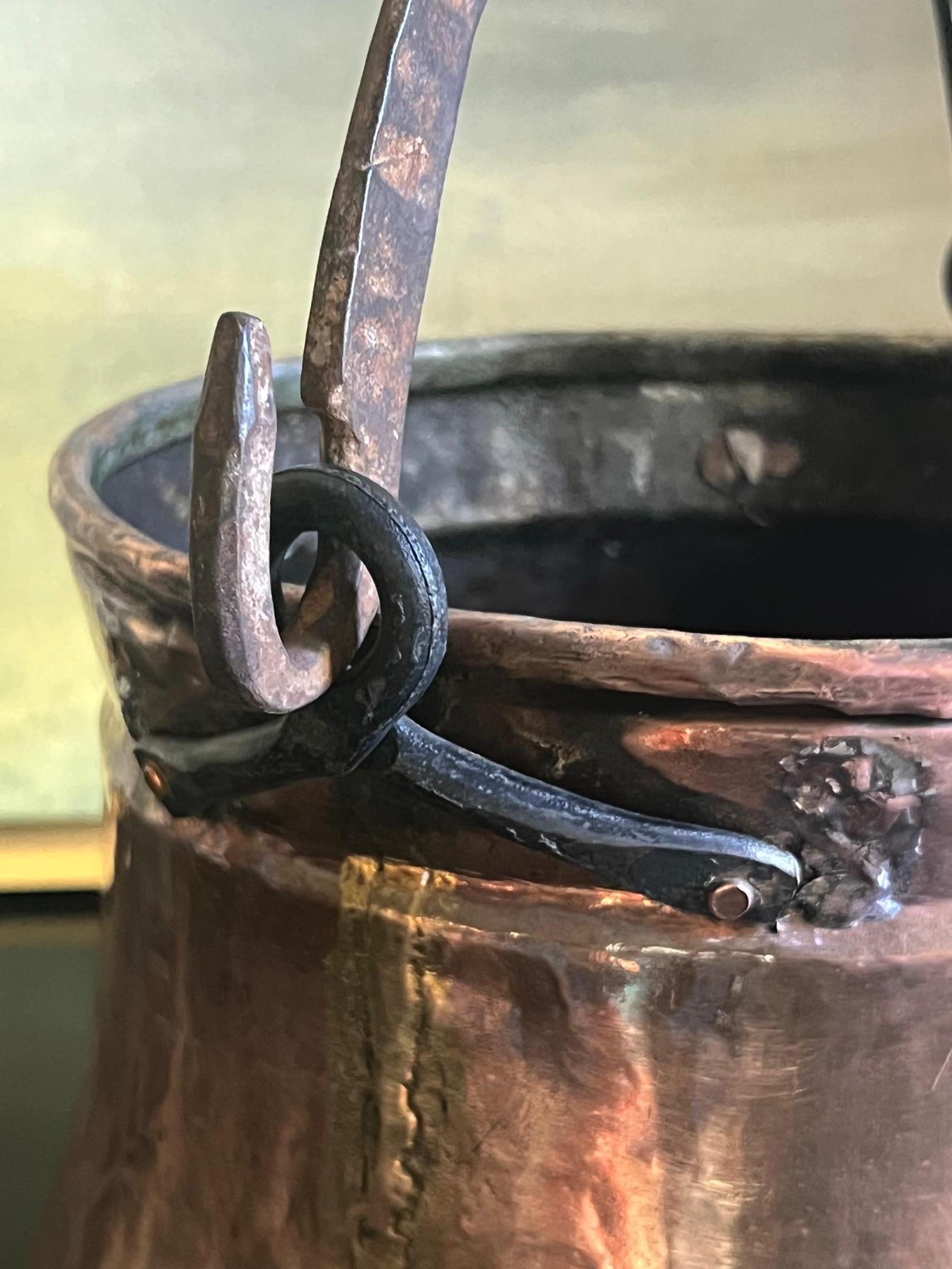 French Antique Copper Hand Made Cauldron With Wrought Iron Handle For Sale