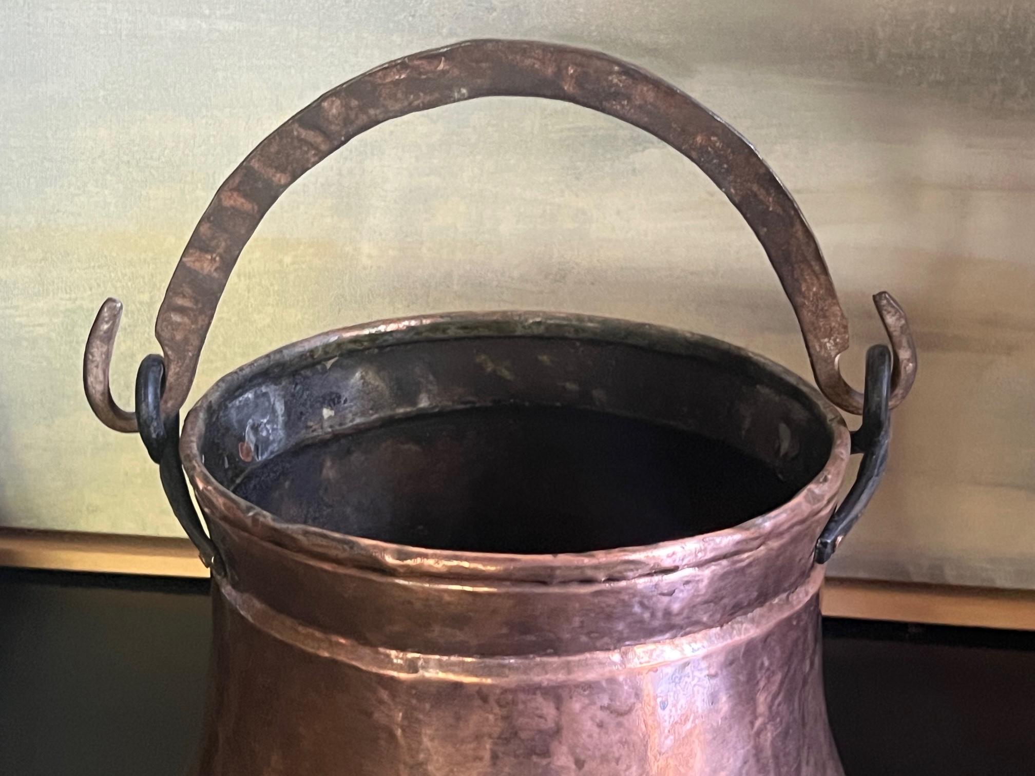 Hand-Crafted Antique Copper Hand Made Cauldron With Wrought Iron Handle For Sale