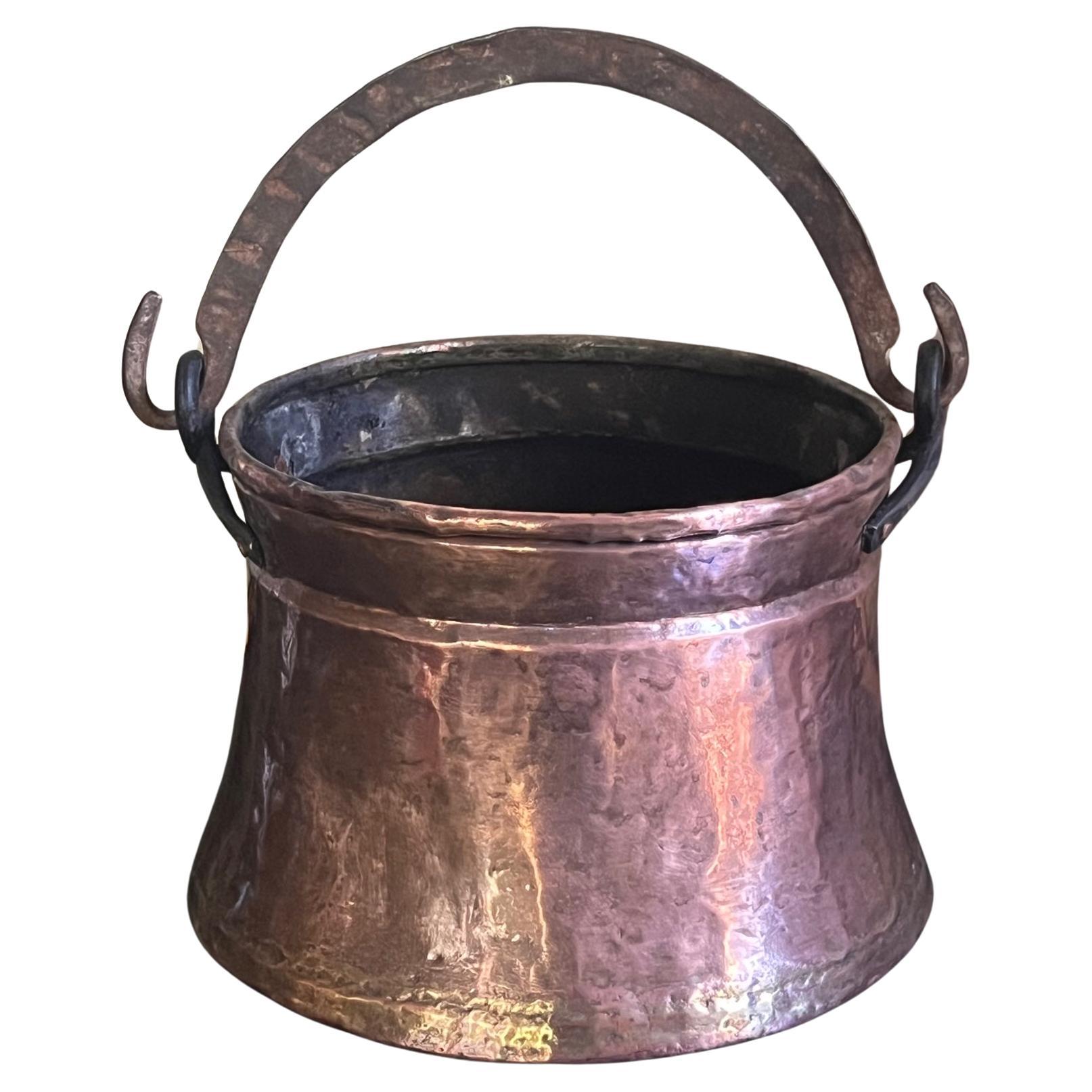 Antique Copper Hand Made Cauldron With Wrought Iron Handle For Sale