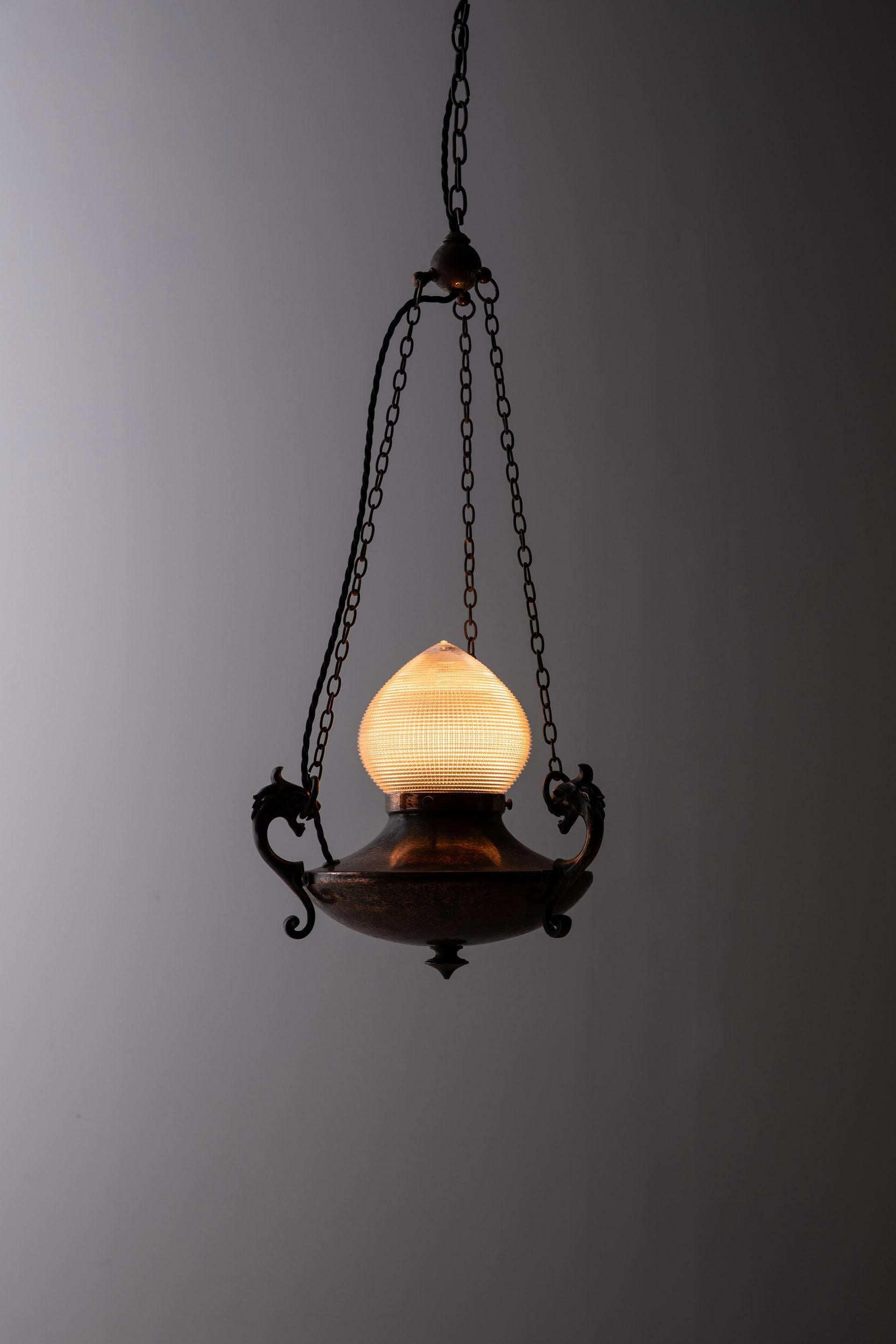 Arts and Crafts Antique Copper Holophane Prismatic Glass Sanctuary Pendant Light. C.1920