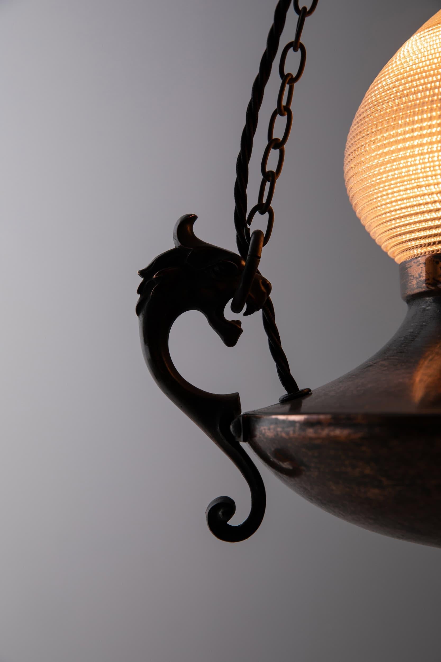 English Antique Copper Holophane Prismatic Glass Sanctuary Pendant Light. C.1920