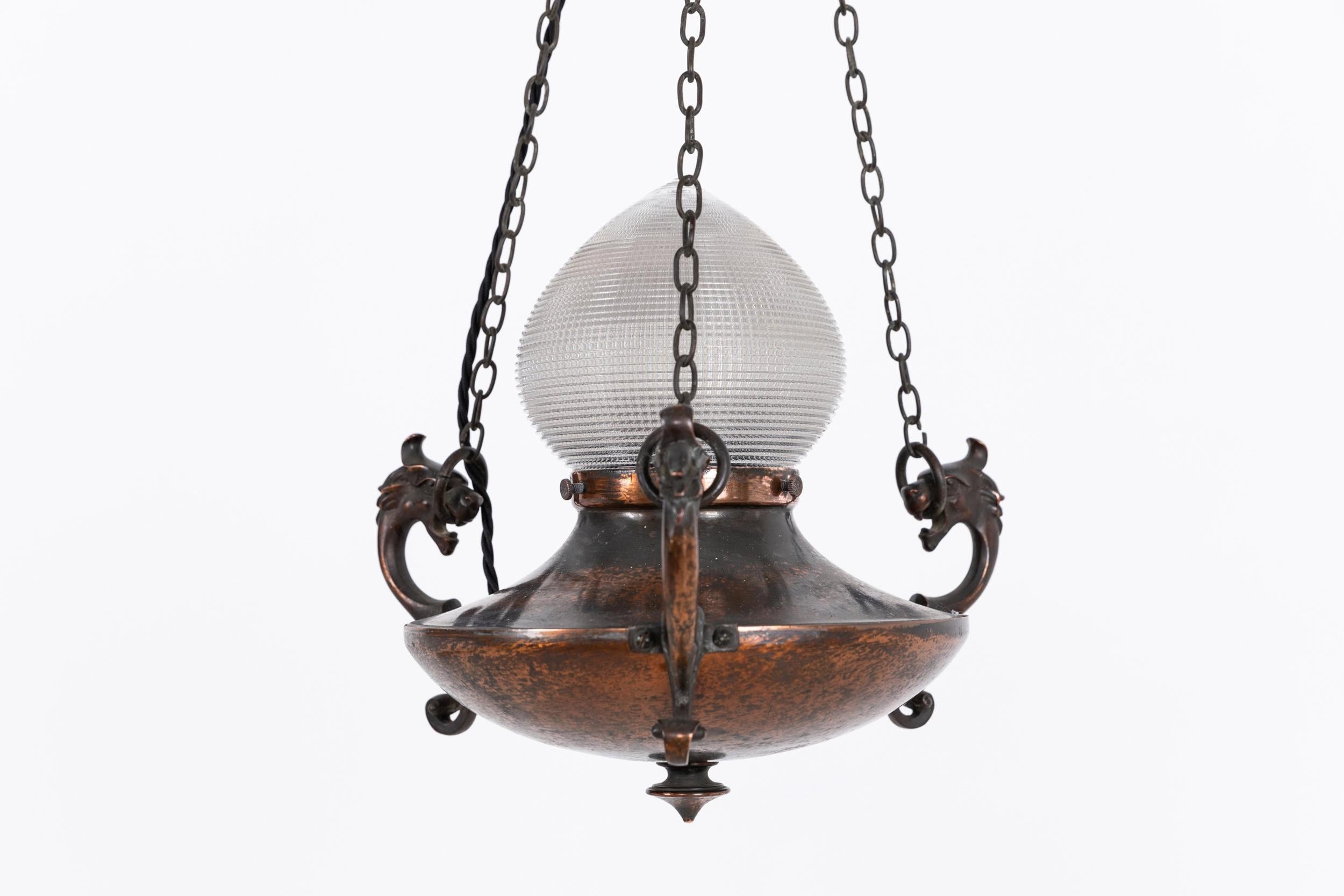 Antique Copper Holophane Prismatic Glass Sanctuary Pendant Light. C.1920 In Good Condition In London, GB