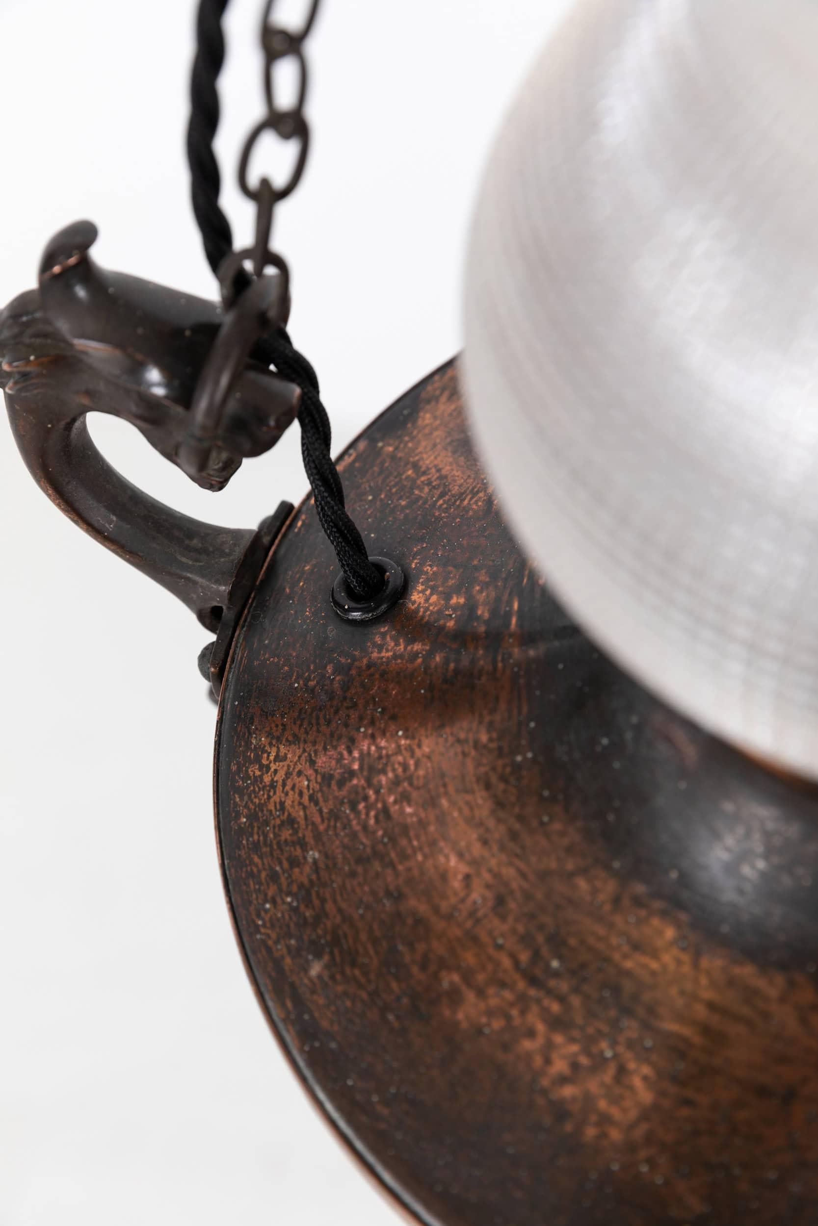 Brass Antique Copper Holophane Prismatic Glass Sanctuary Pendant Light. C.1920