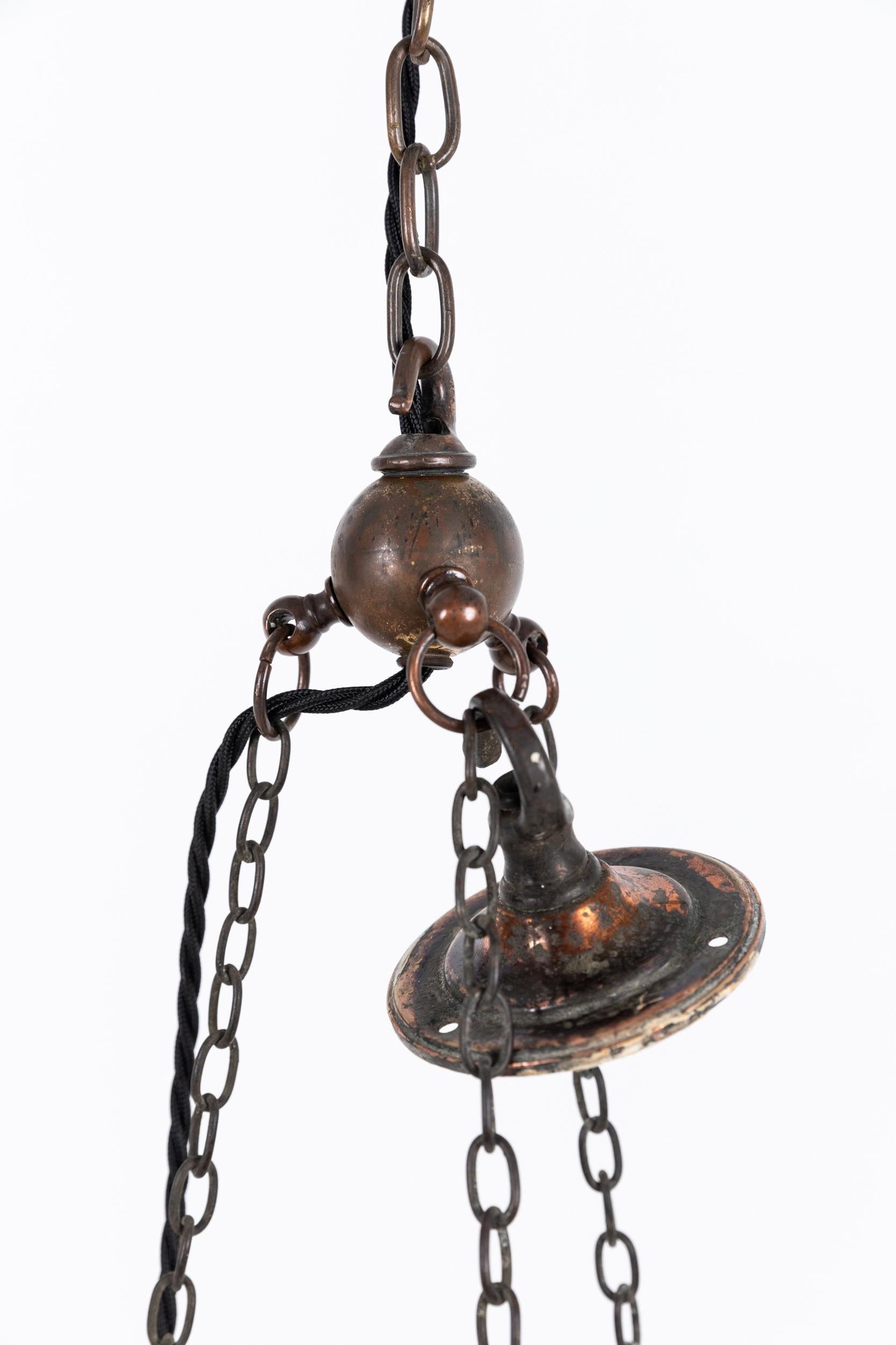 Antique Copper Holophane Prismatic Glass Sanctuary Pendant Light. C.1920 1