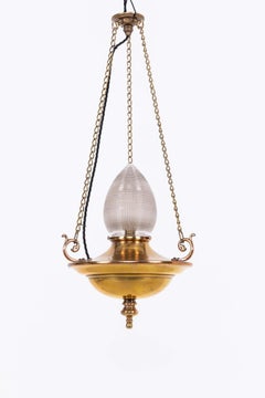 Antique Copper Holophane Prismatic Glass Sanctuary Pendant Light. C.1920