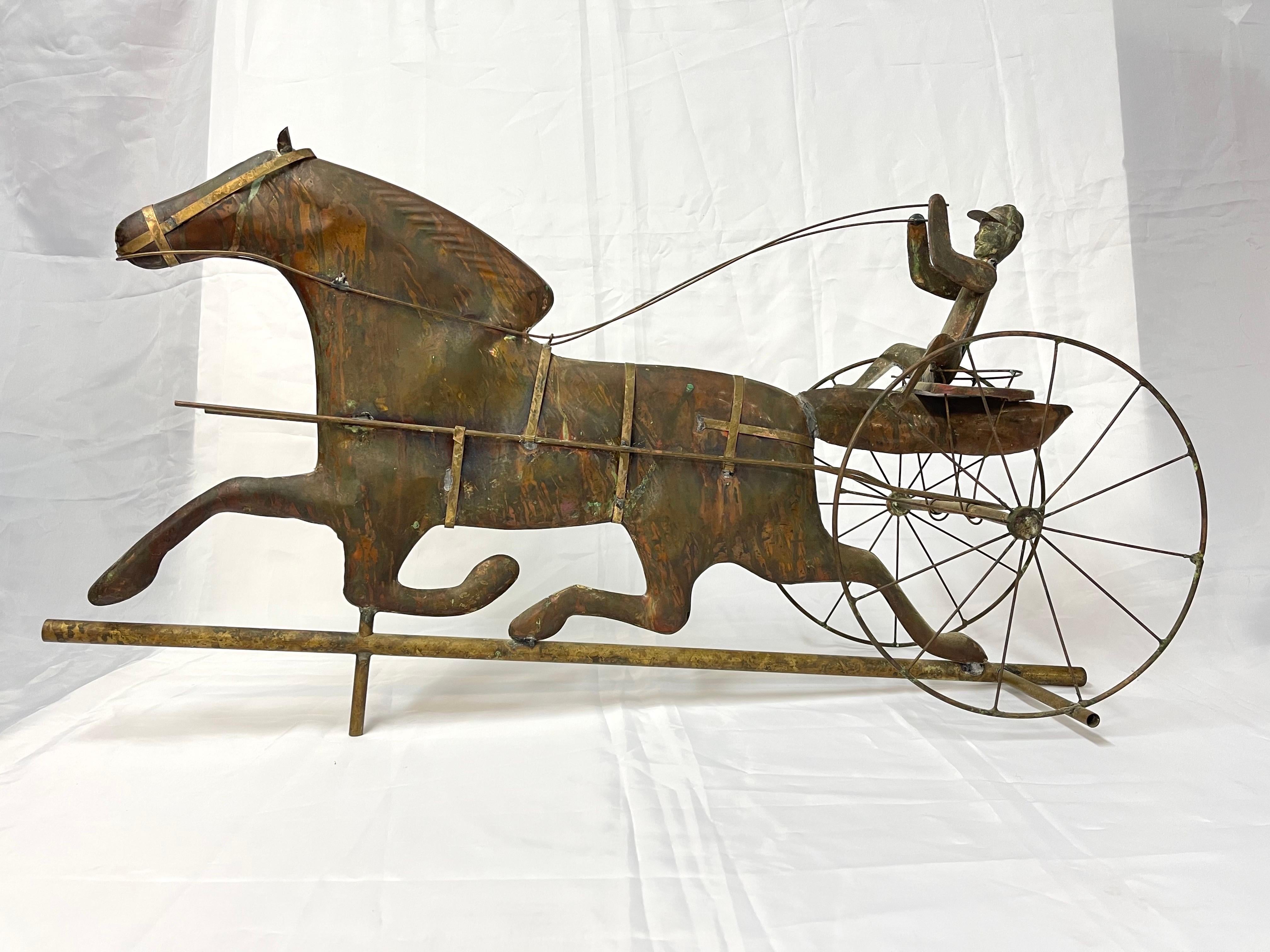 Antikes Kupferpferd und Jockey mit Sulky  Wetterfahne. Perfekt verwitterte Patina .