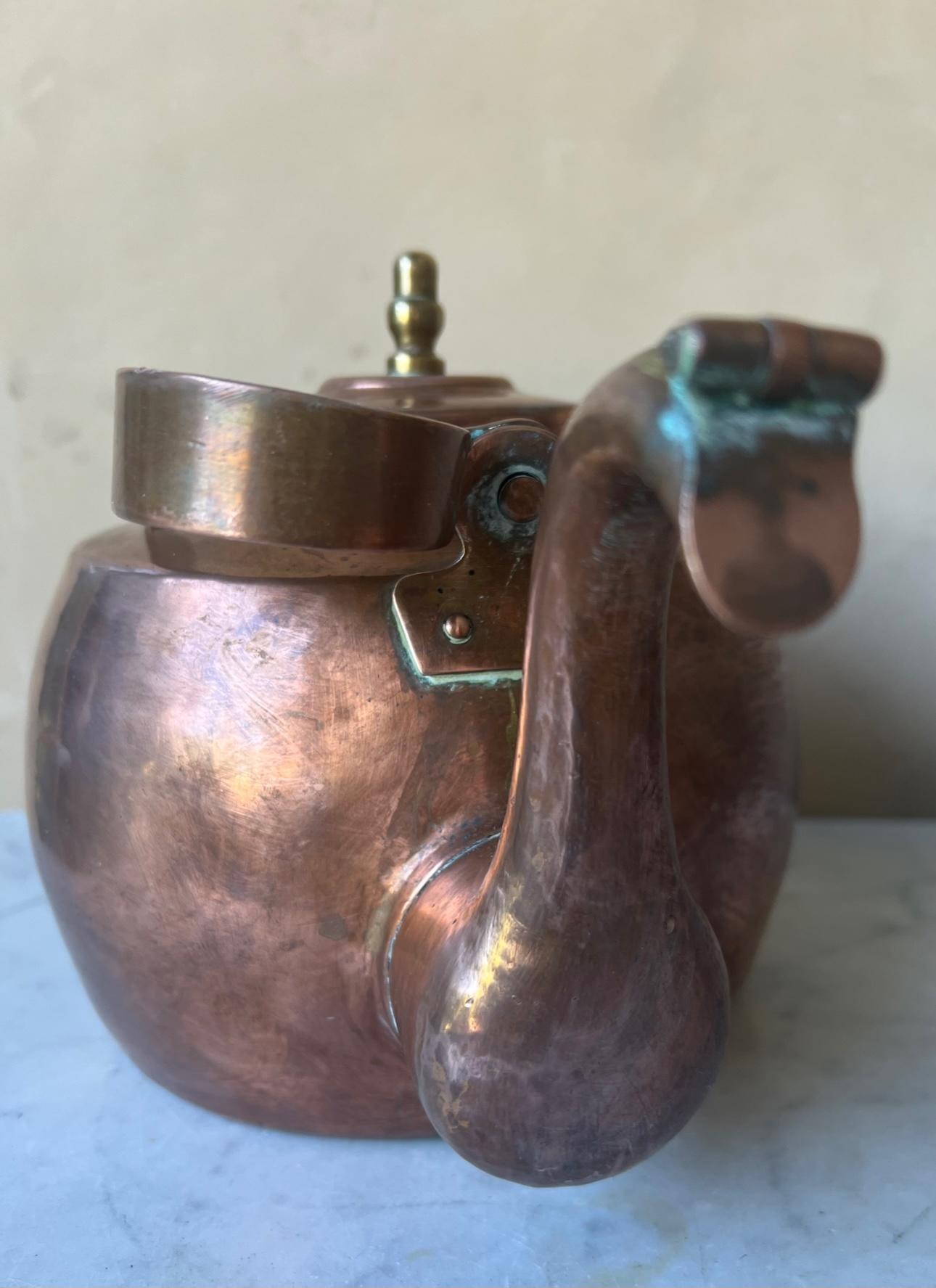 French Provincial Antique Copper Kettle with Unique Handle For Sale