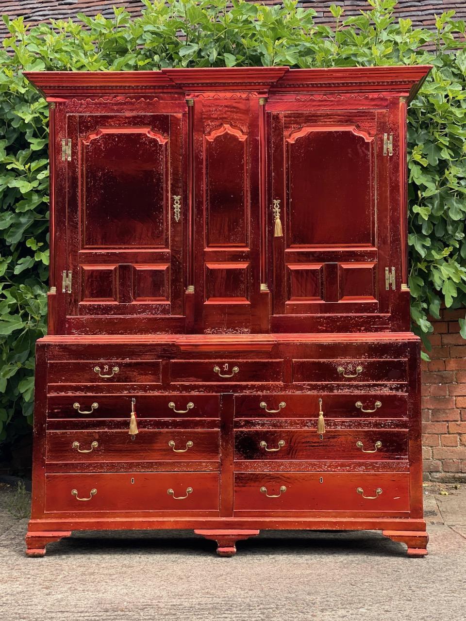 Antique copper & oak housekeepers cupboard Wardrobe George III, circa 1790

Stunning ‘one of a kind’ 18th century George III coppered oak housekeeper's cupboard, circa 1790, the upper breakfront section with dentil moulded cornice above two