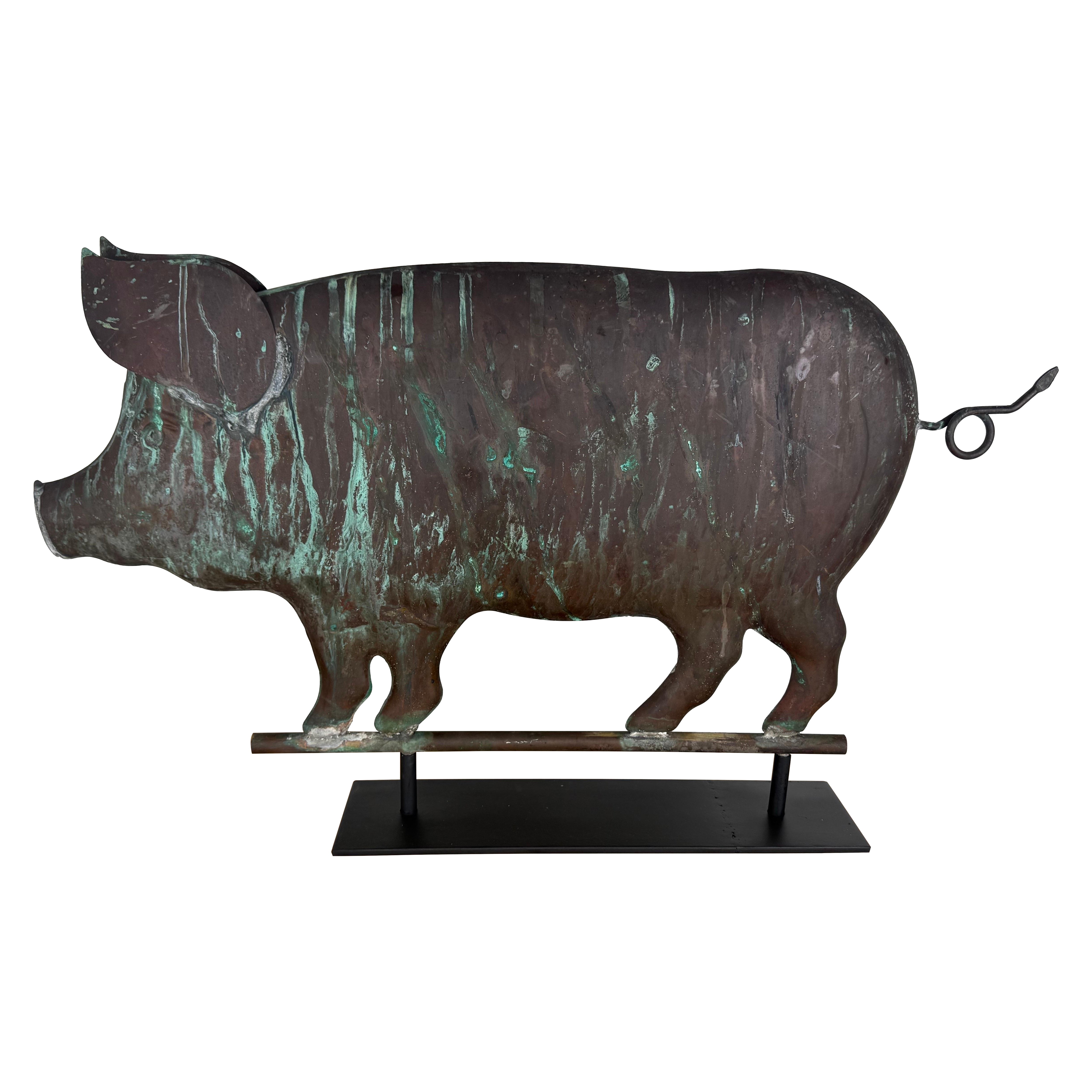 Antique Copper Pig Folk Art Weathervane on Custom Iron Stand im Angebot