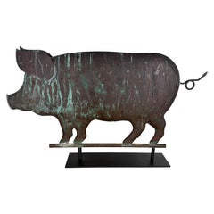 Antique Copper Pig Folk Art Weathervane on Custom Iron Stand
