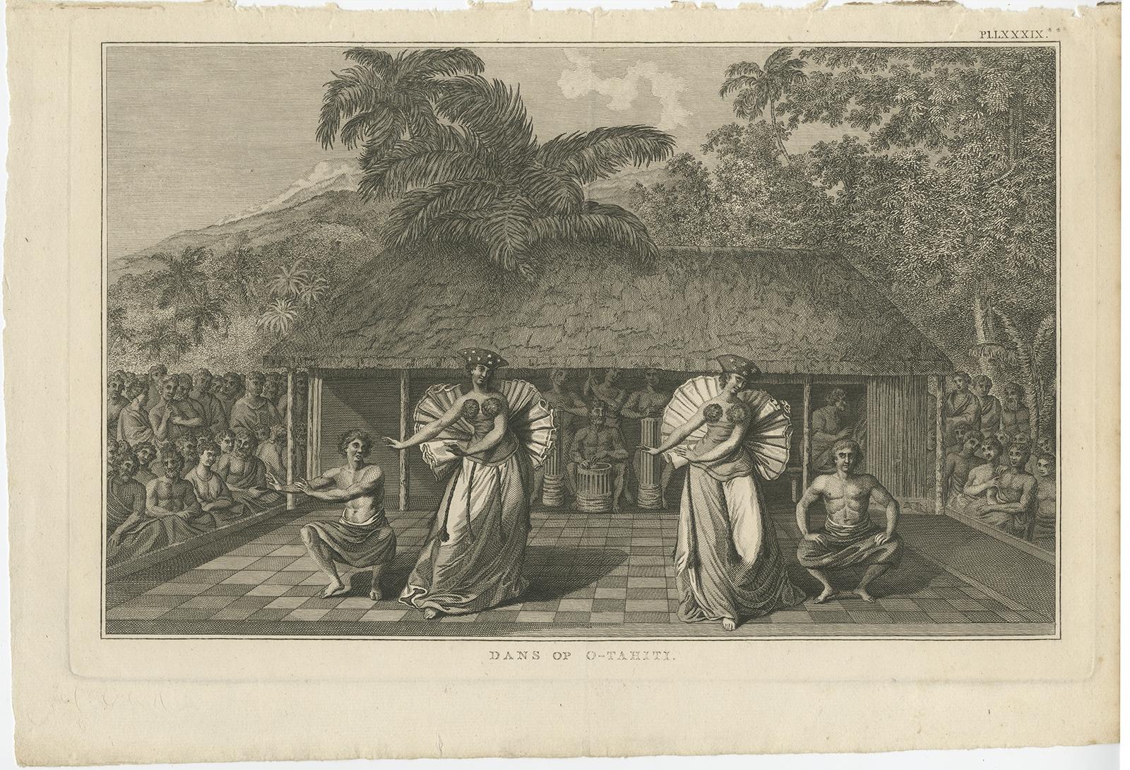 Antiker Druck mit dem Titel 'Dans van O-Tahiti'. 

Antiker Druck, der tanzende Eingeborene von Tahiti zeigt. Stammt aus 